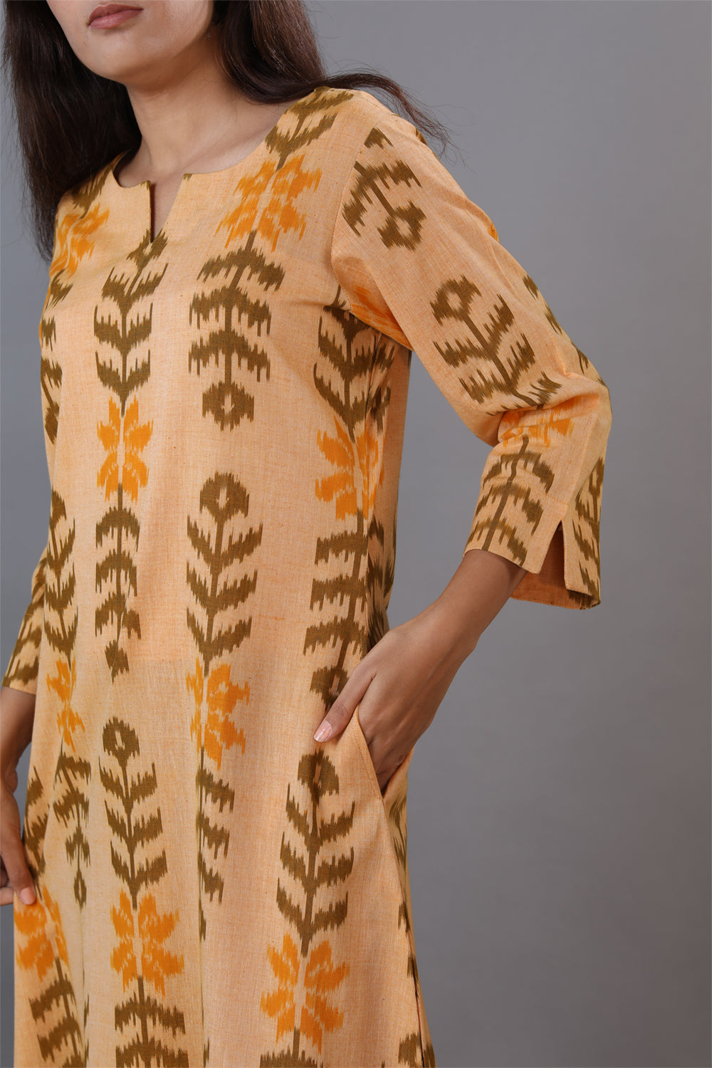 Kalanjali Ethnics Honey beige hand woven cotton Ikat kurti - view 2