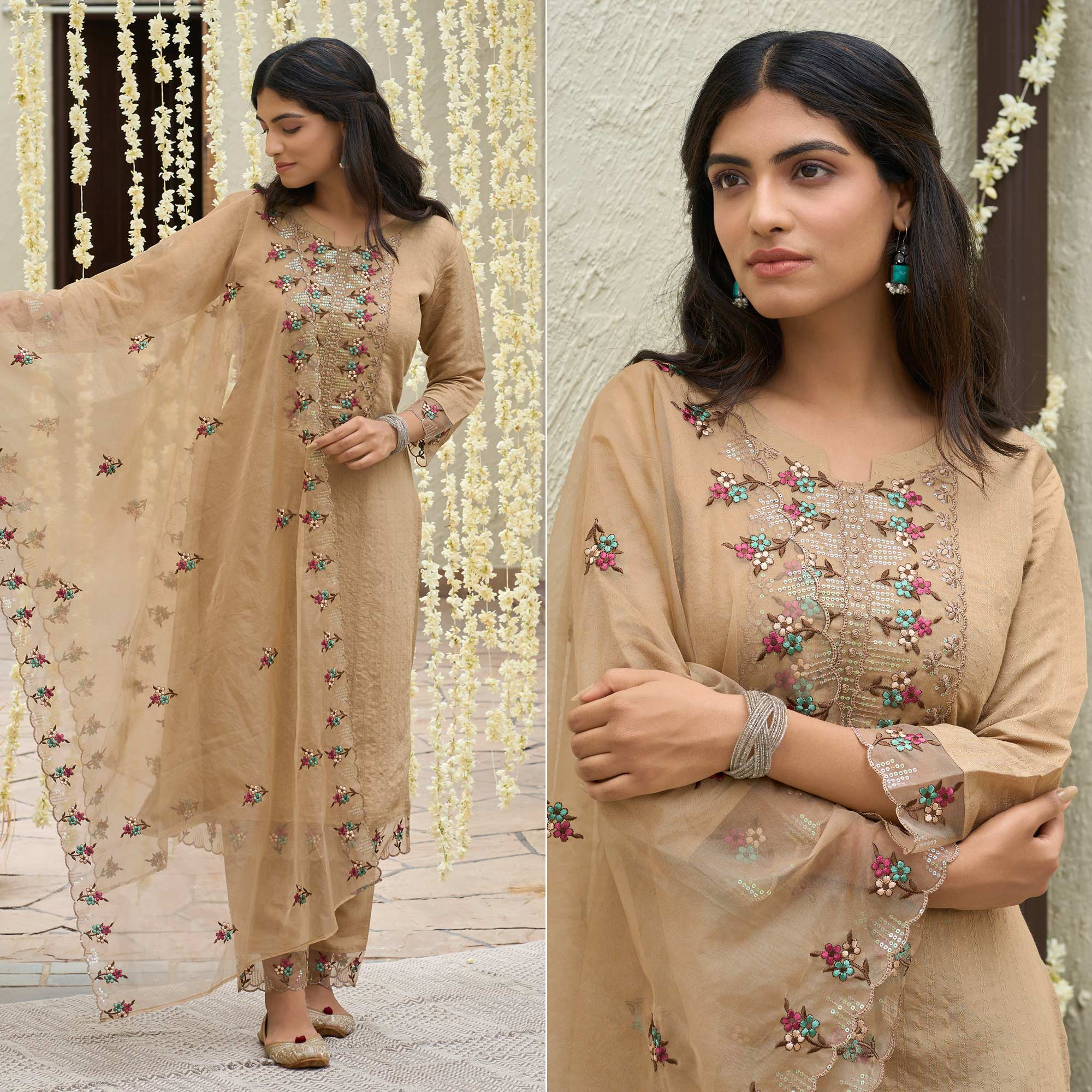 Peachmode Seller Chikoo Floral Embroidered Rayon Salwar Suit