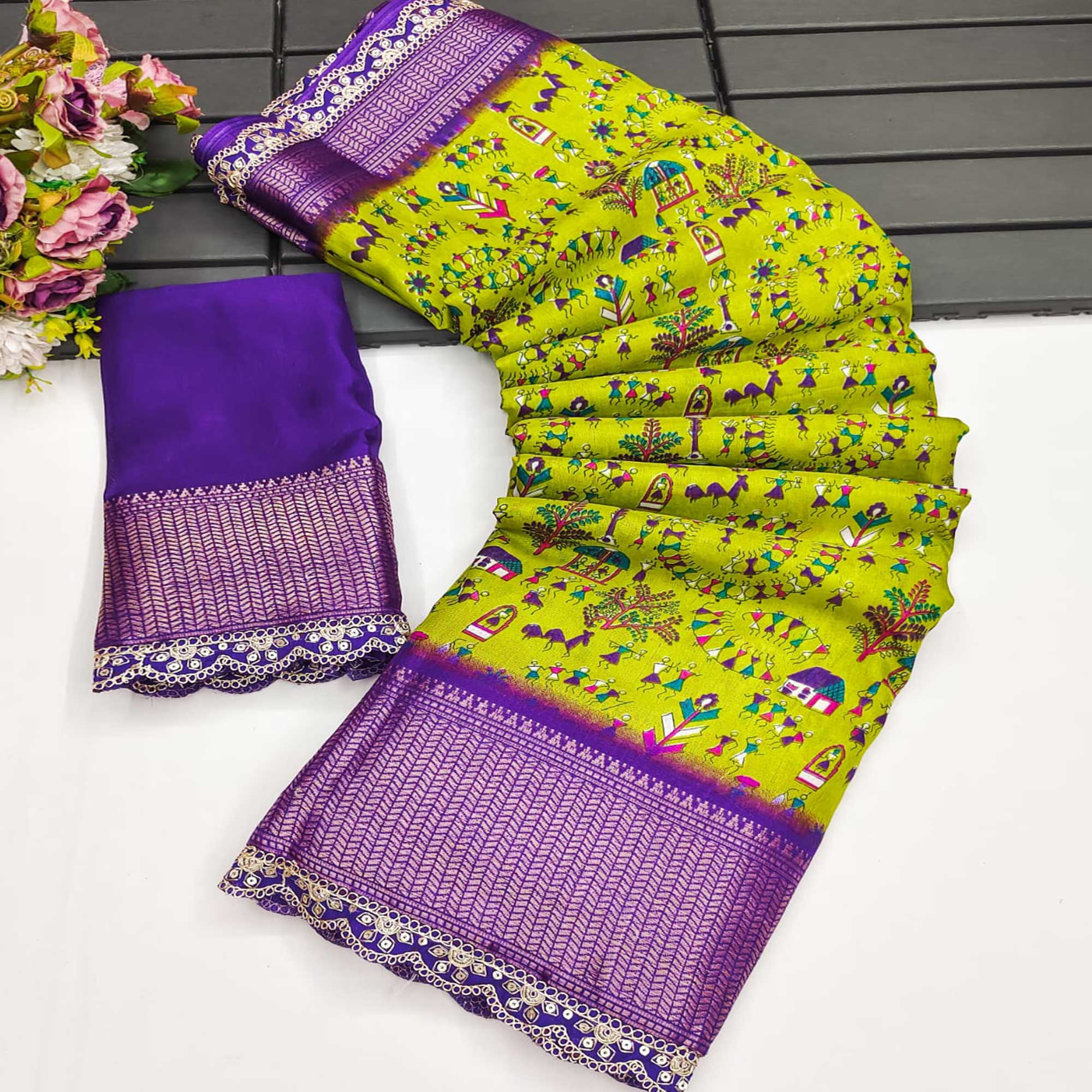 Green sarees – BlackTree green-warli-printed-dola-silk-saree-with-zari-border-1
