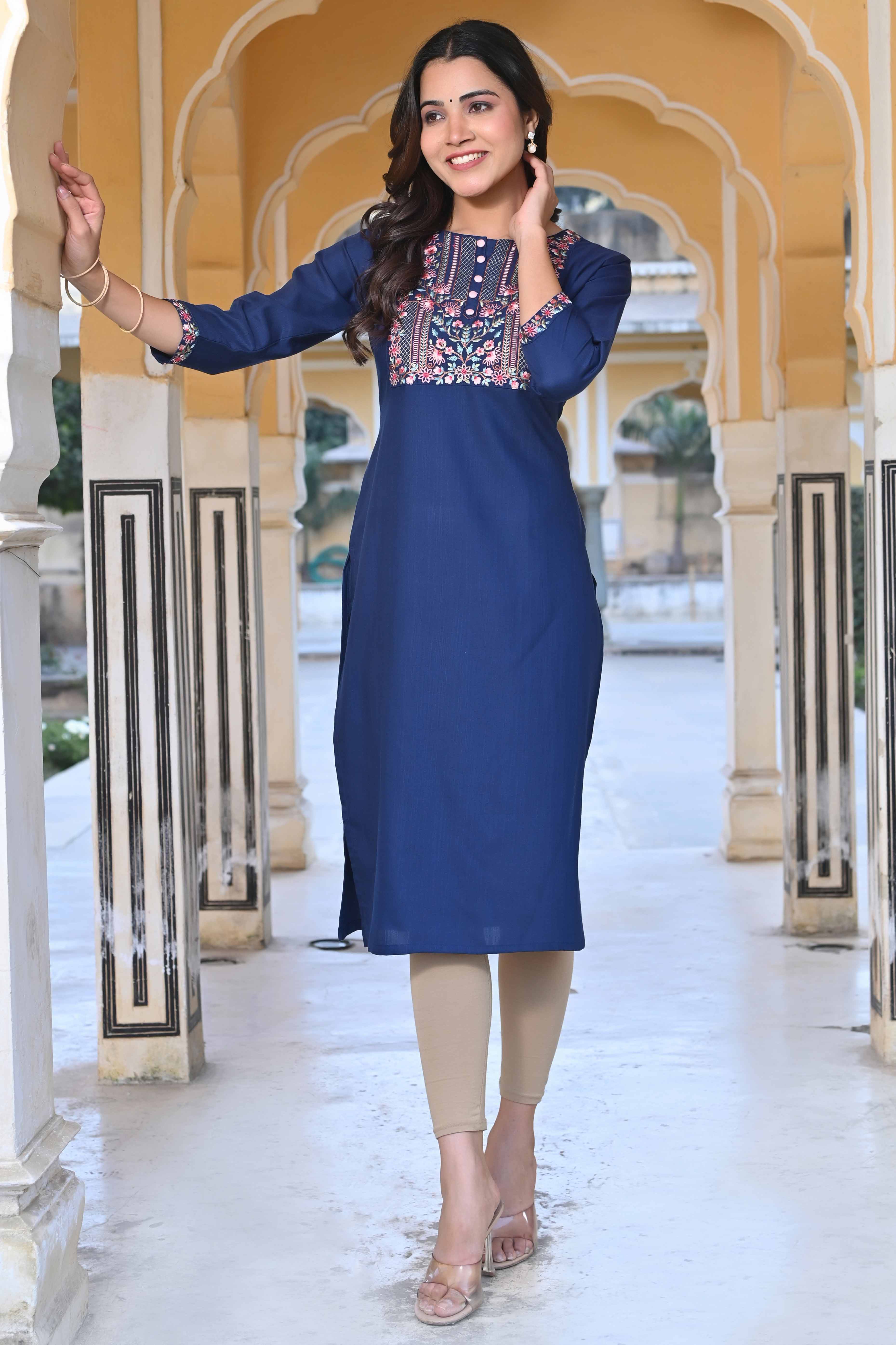 Peachmode Blue Yoke Embroidered Rayon Slub Straight Kurti
