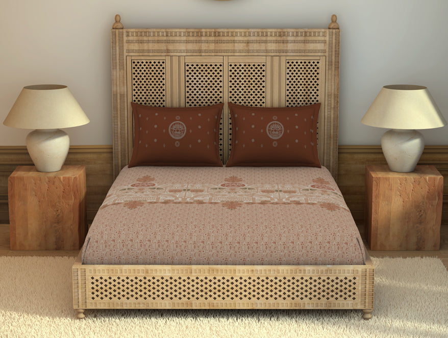 Spaces India Godna Ornate Brown 100% Cotton King Size Bedsheet - Rangana by Spaces