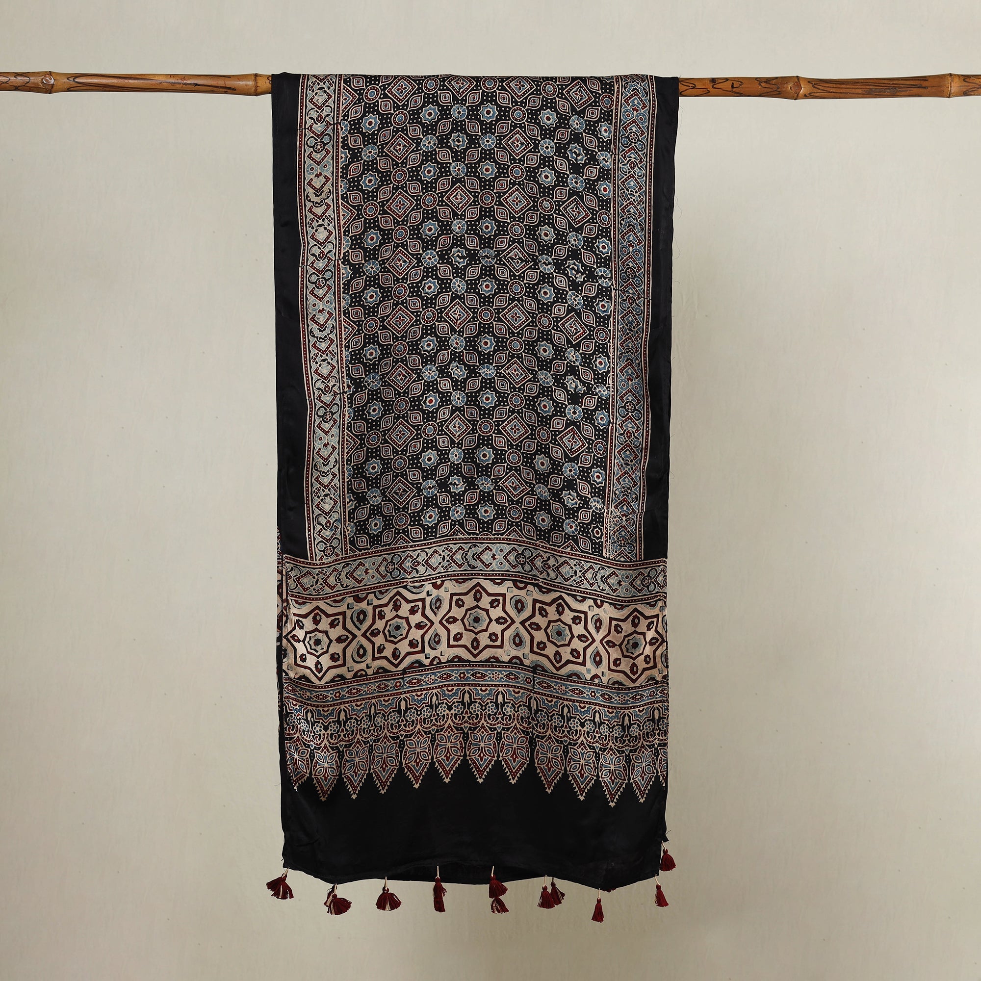 RIYAZ ABDULMAJID KHATRI - AJRAKH Black - Ajrakh Hand Block Printed Modal Silk Stole with Tassels - view 2