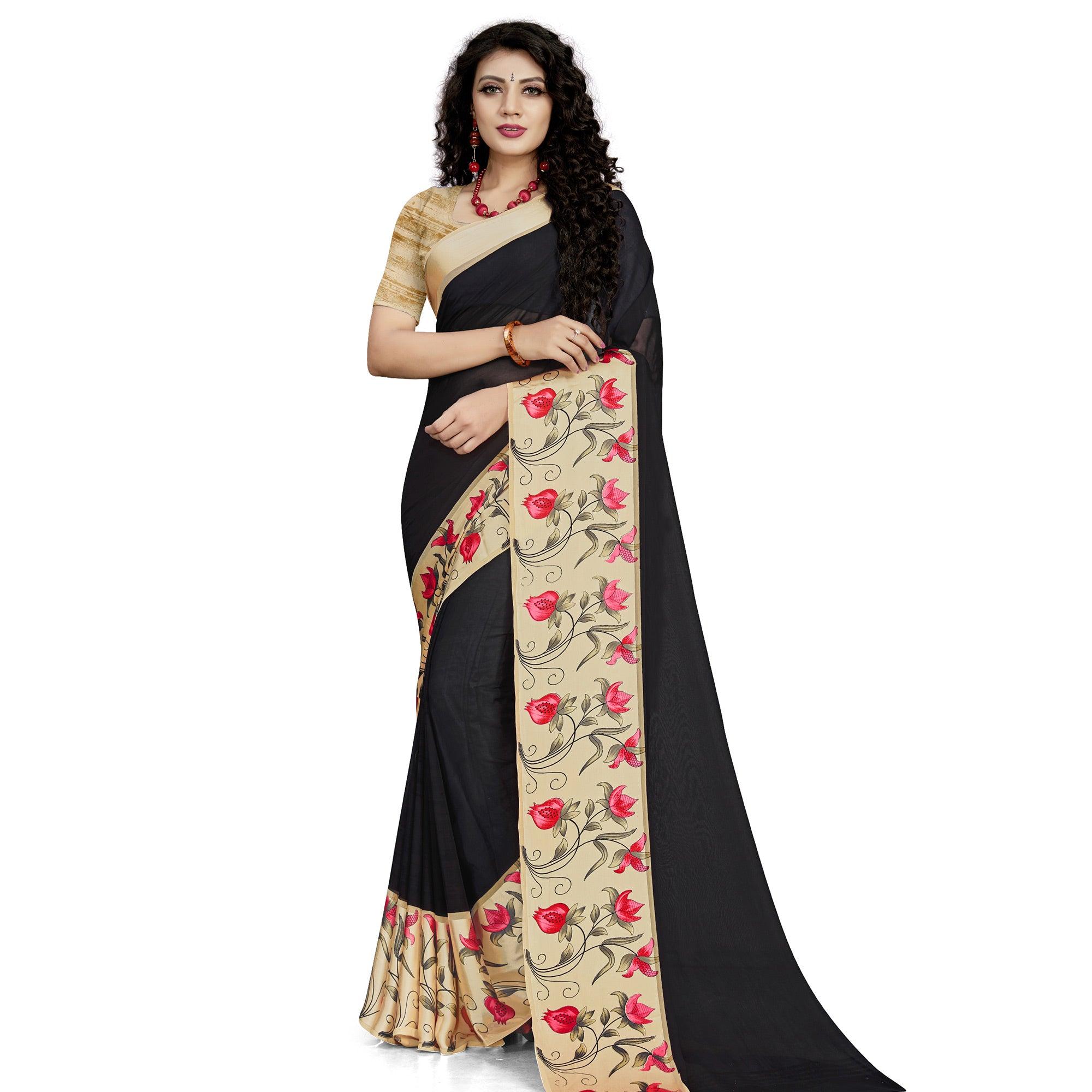 Peachmode Intricate Black Colored Casual Wear Printed Georgette Saree