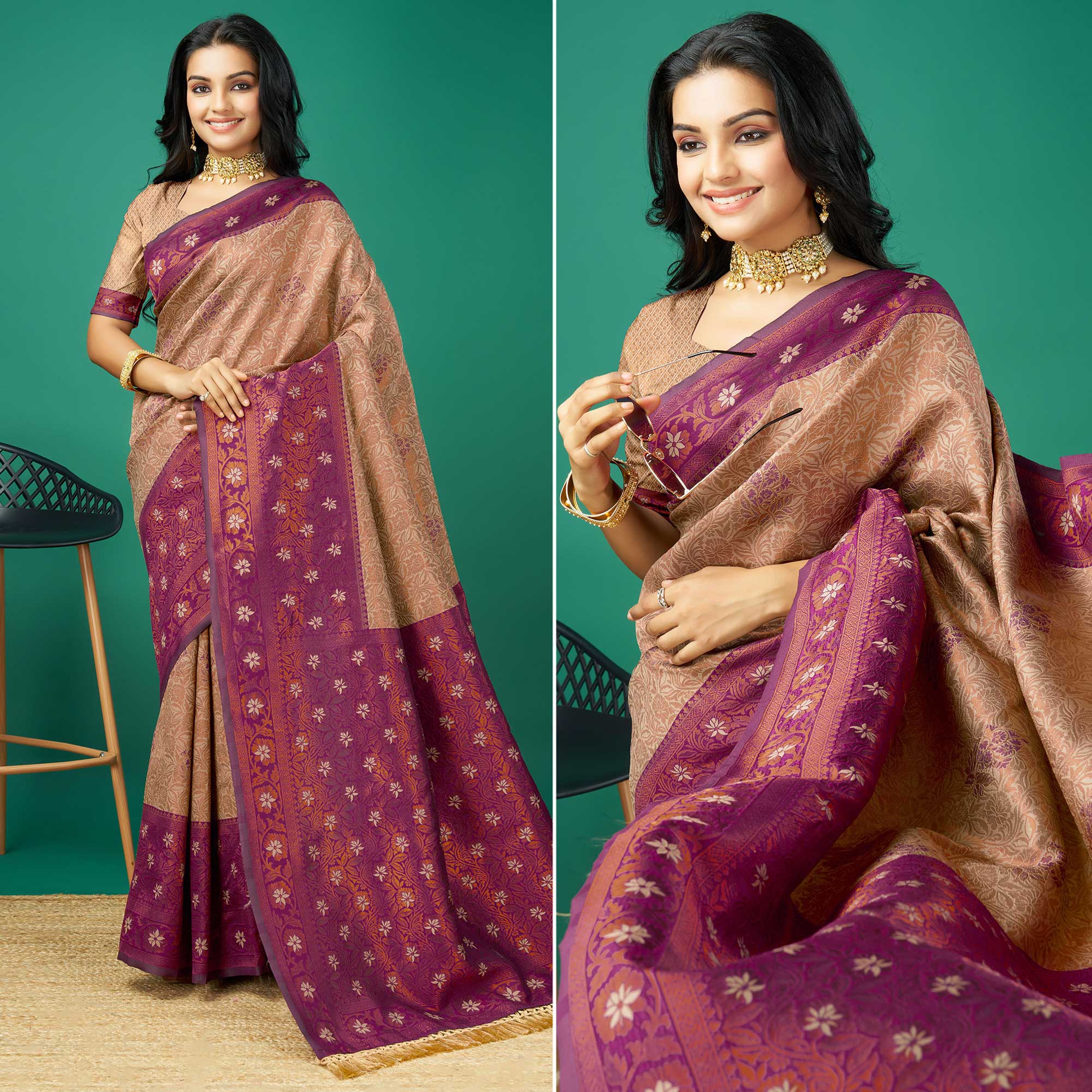 Peachmode Chikoo Zari Woven Banarasi Silk Saree With Tassels