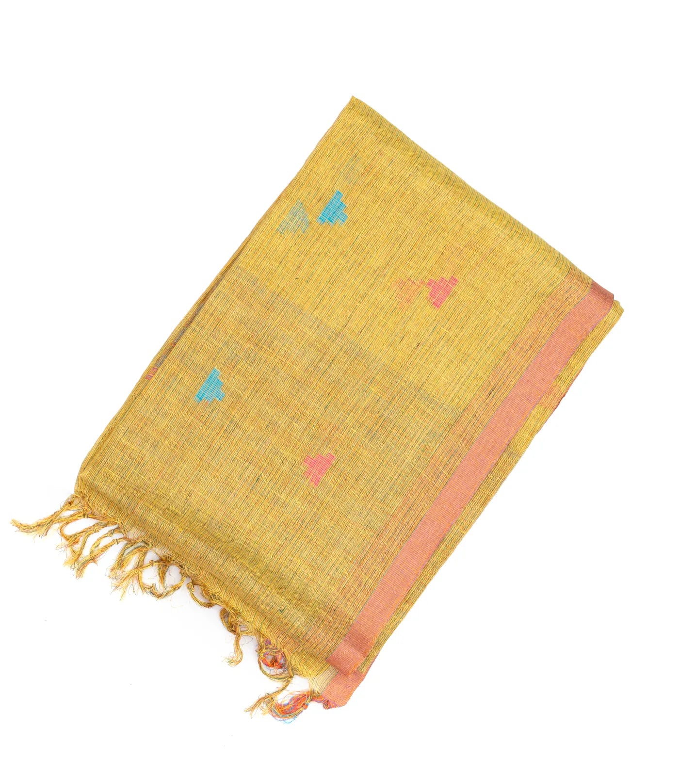 RmKV Gold Handloom Linen Saree With Temple Buttas