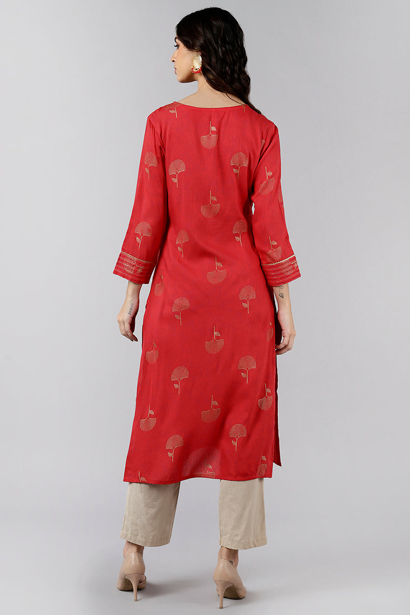 Ahika Red Cotton Sequin Embroidered Straight Kurti VEK1065 - view 4