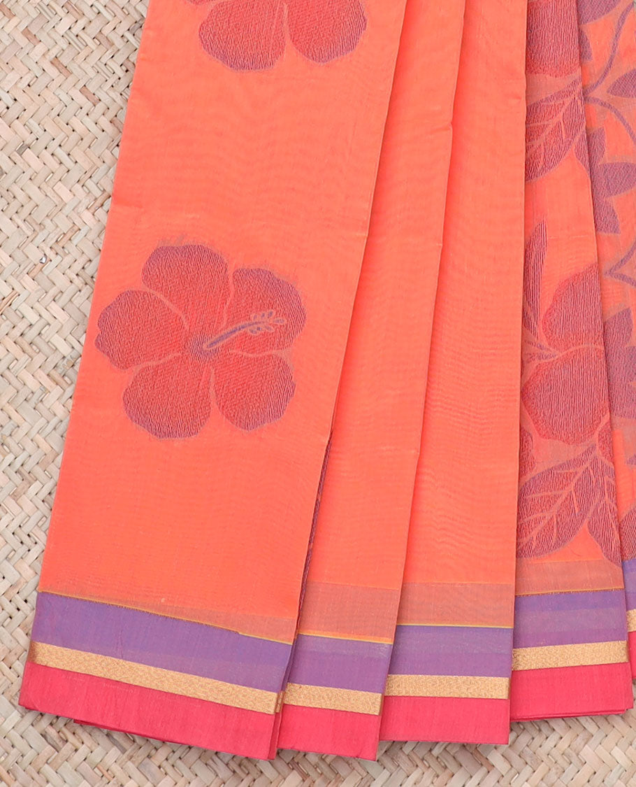 TheShoppothys Lite orange kota saree with flower buttas, contrast thin border & intricate floral vine pallu
