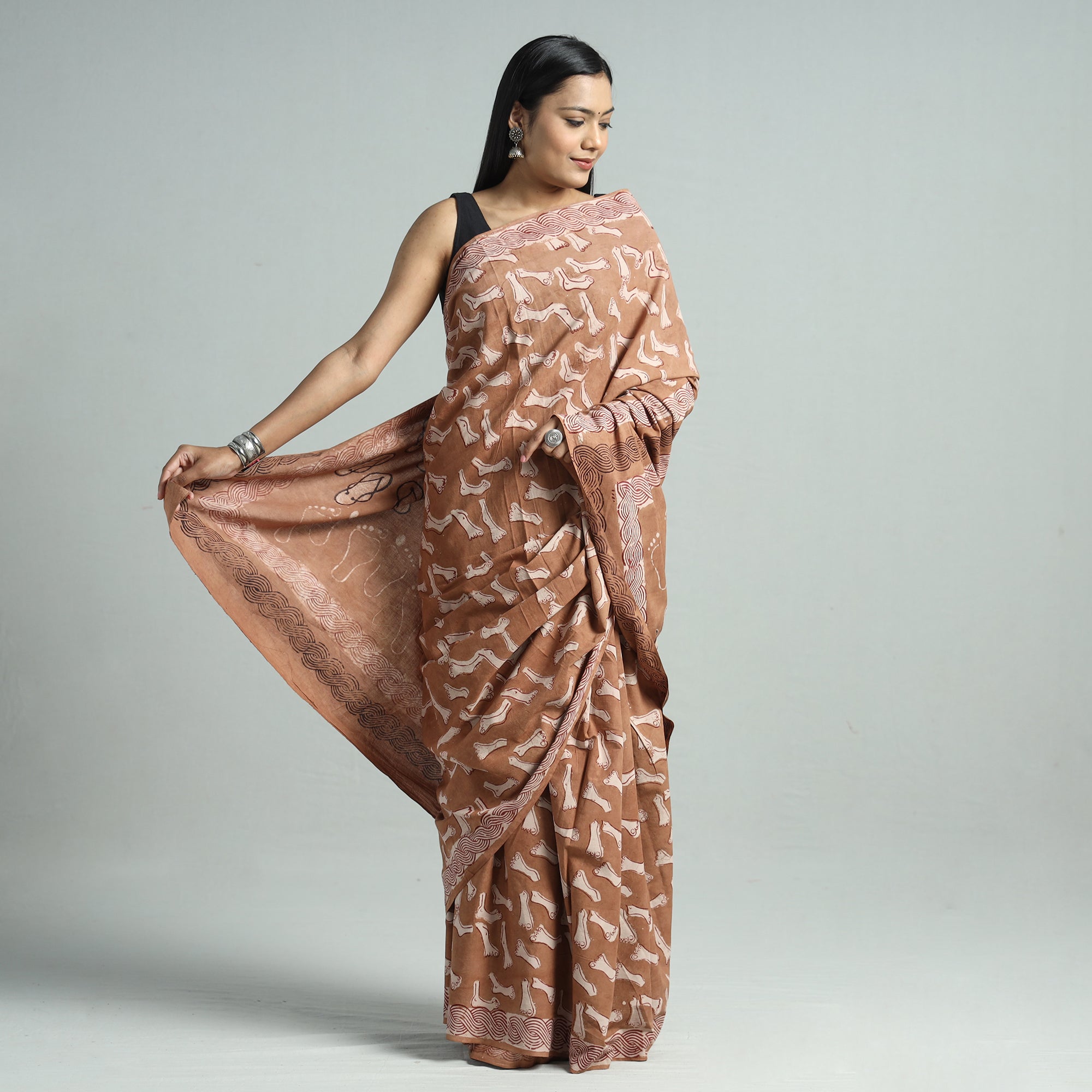 BINDAAS UNLIMITED Brown - Bindaas Art Block Printed Natural Dyed Cotton Saree 36 - view 2