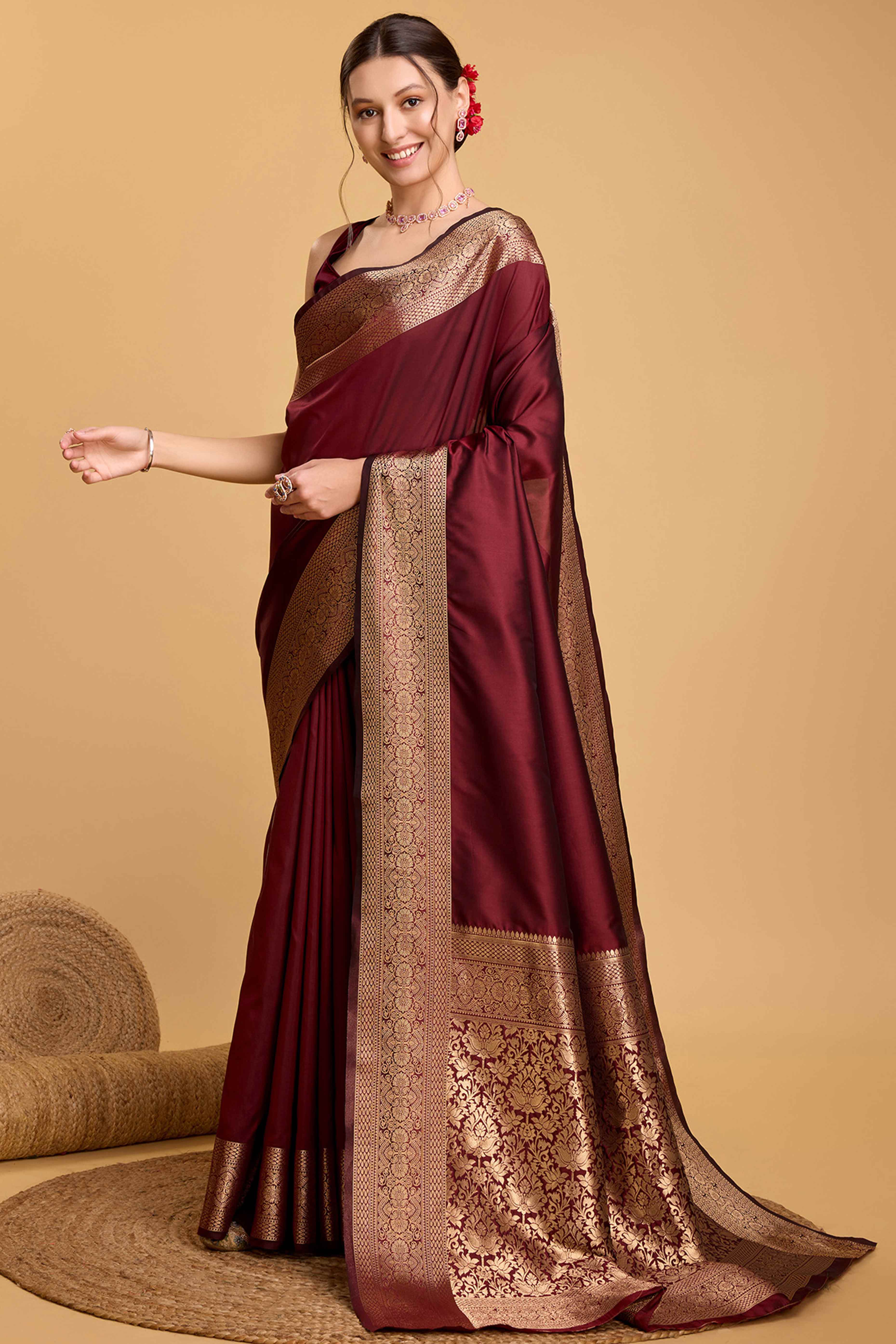 Peachmode Maroon Zari Weaving Banarasi Silk Saree