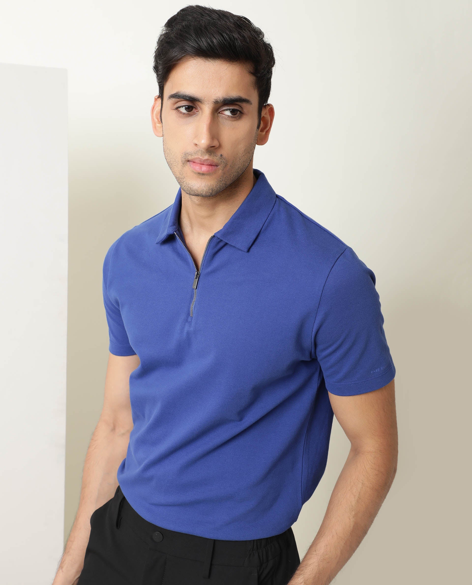 Rare Rabbit Men's Stel Fluorescent Blue Cotton Fabric Collared Neck Zipper Closure Half Sleeves Flat Knit Polo T-Shirt - view 3