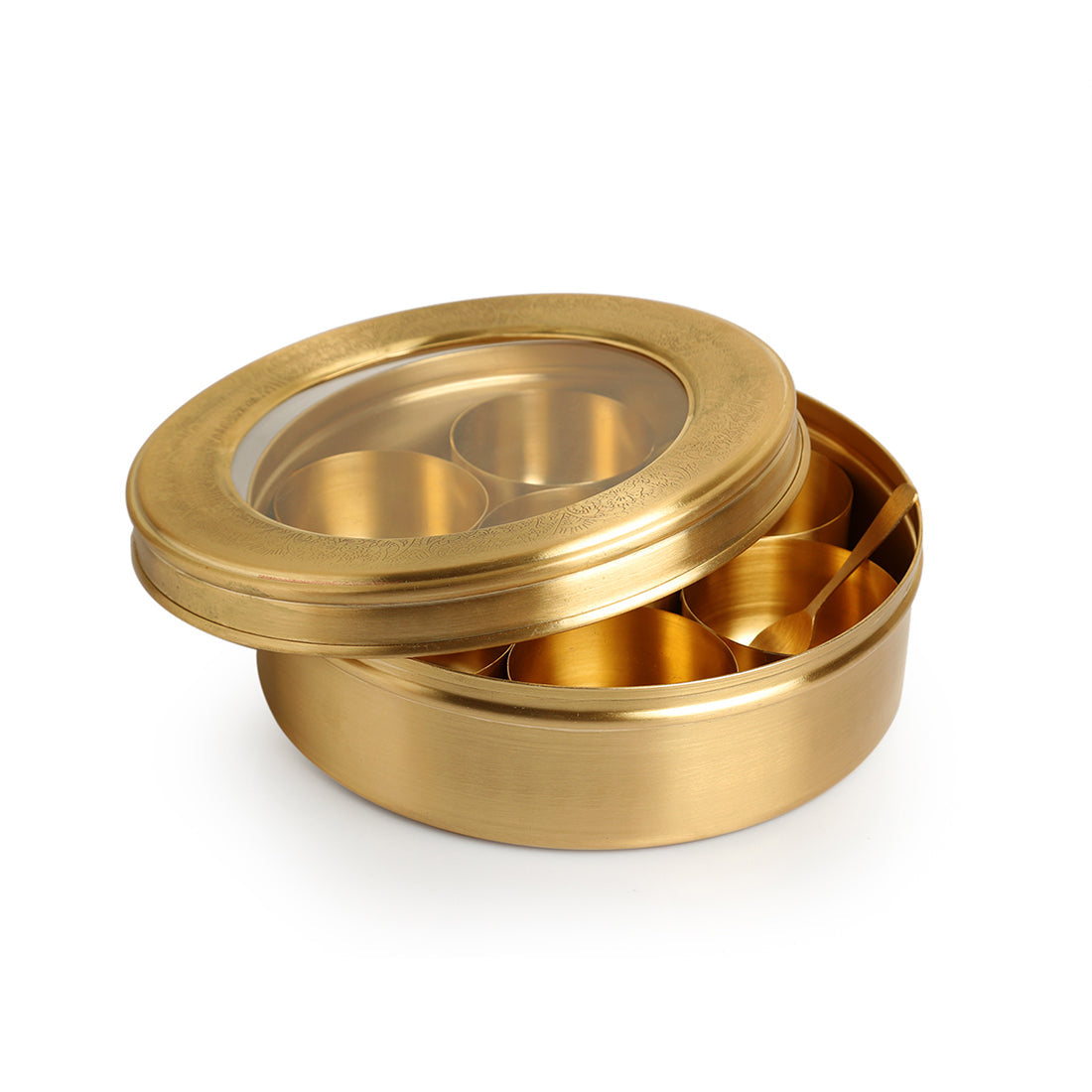 EXCLUSIVELANE 'Floral Hand-Etched' Spice Box With Spoon In Brass (7 Containers, 100 ml) - view 2