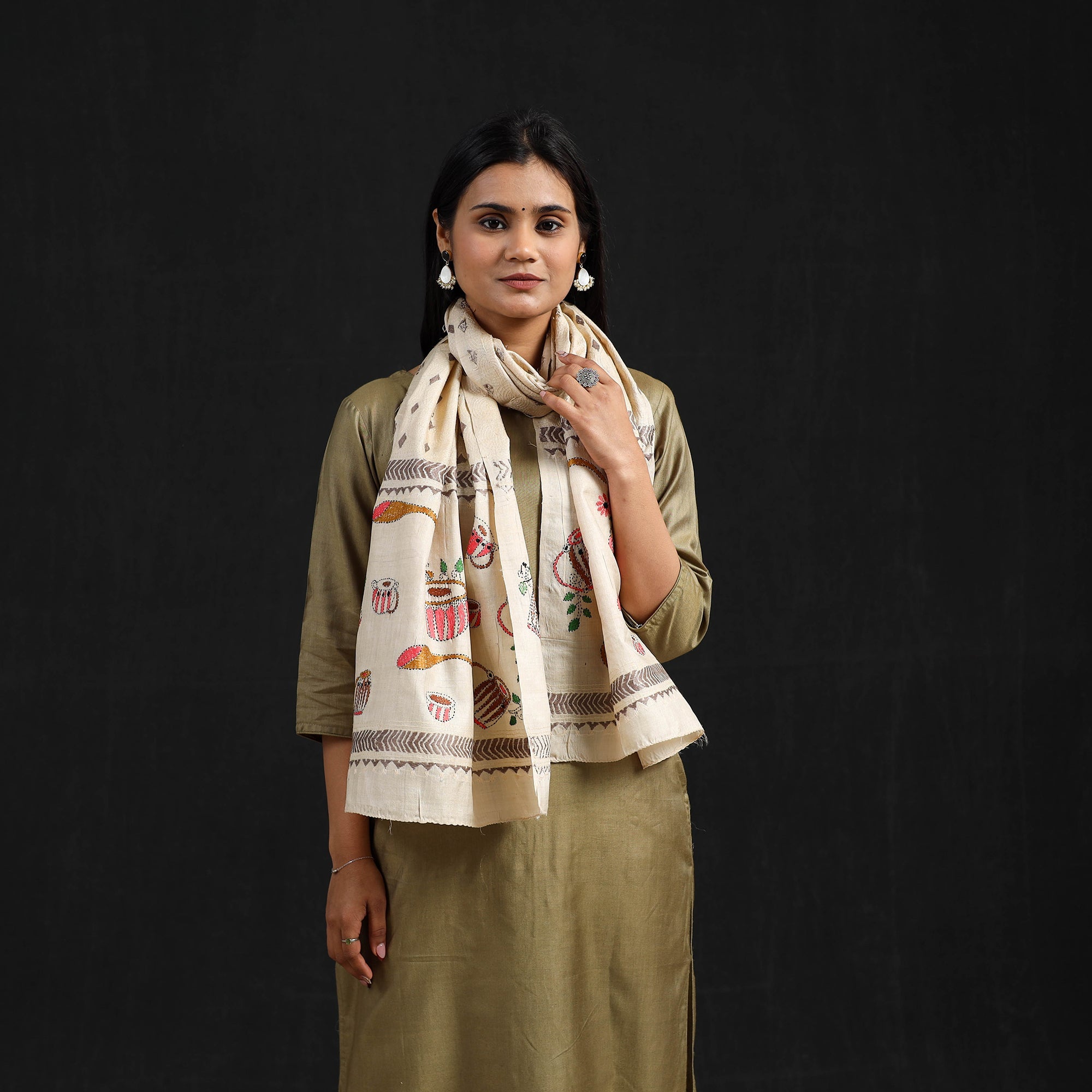 KHUSHBASH - HAPPY LOOM OF EAST Beige - Handloom Tussar Silk Bengal Kantha Work Stole 33 - view 2