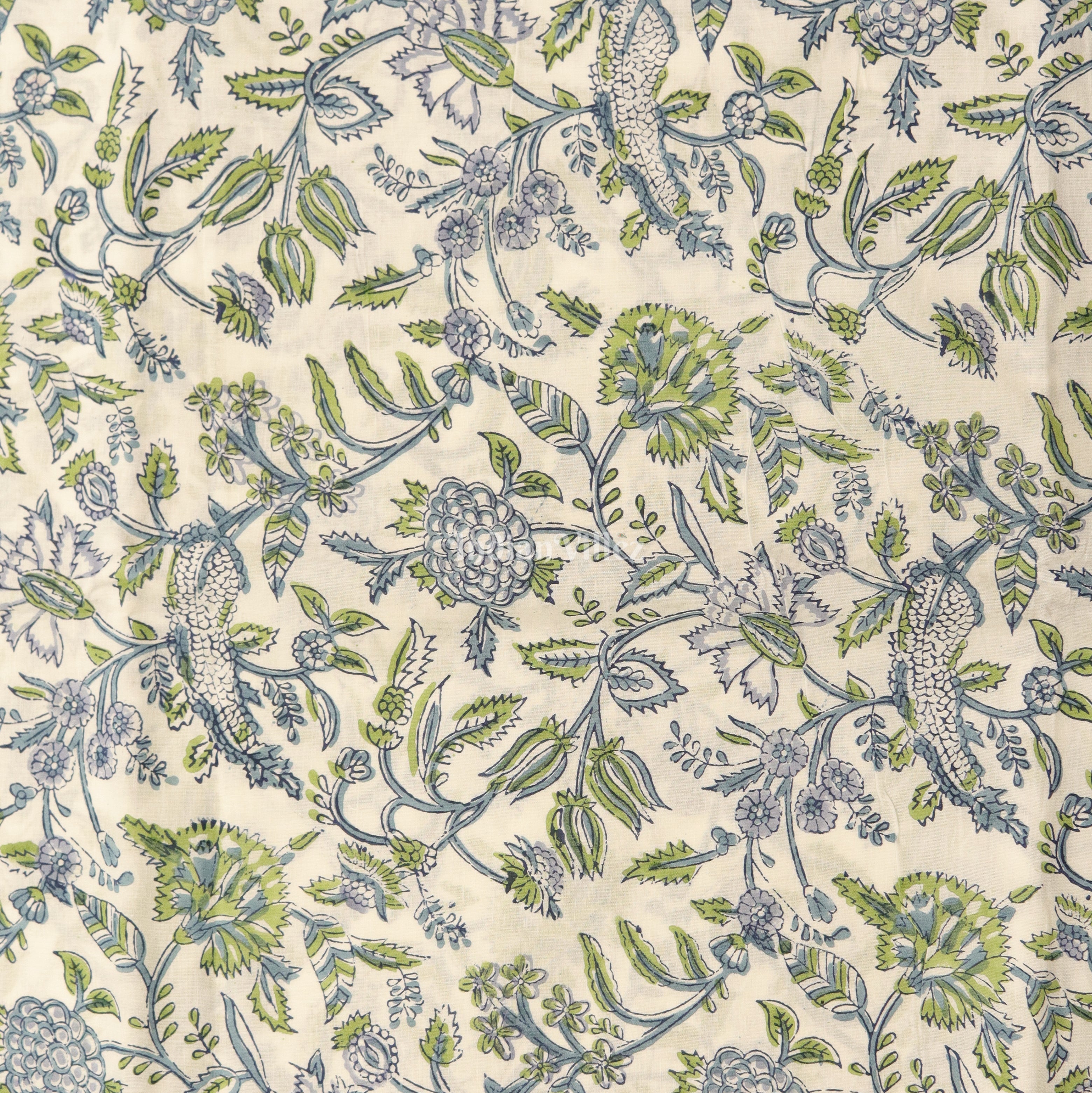 IndianVillèz White Dali Flower Motif Hand Block Printed Cotton Fabric - view 2
