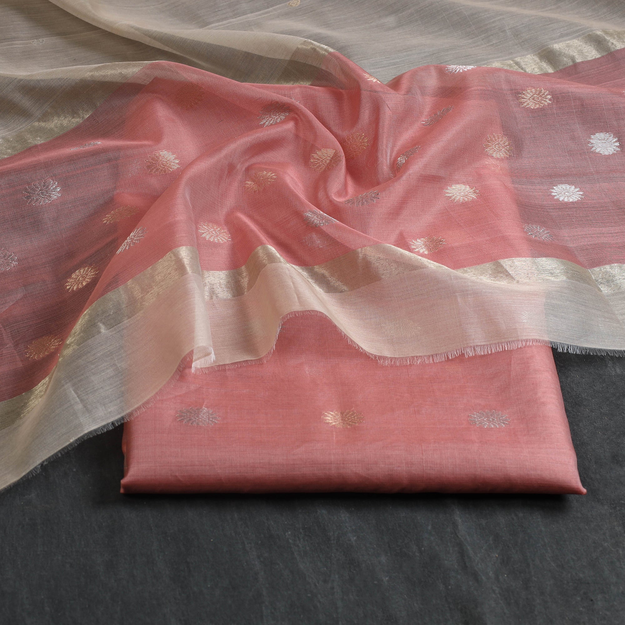 CHANDERI BY RAUPH KHAN Peach - 2pc Zari Buti Handloom Chanderi Silk Dress Material 09 - view 2