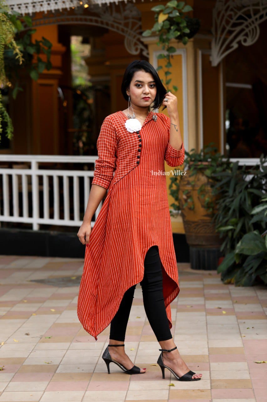 IndianVillèz Orange Stripes Kotpad Organic Cotton Kurti for Women