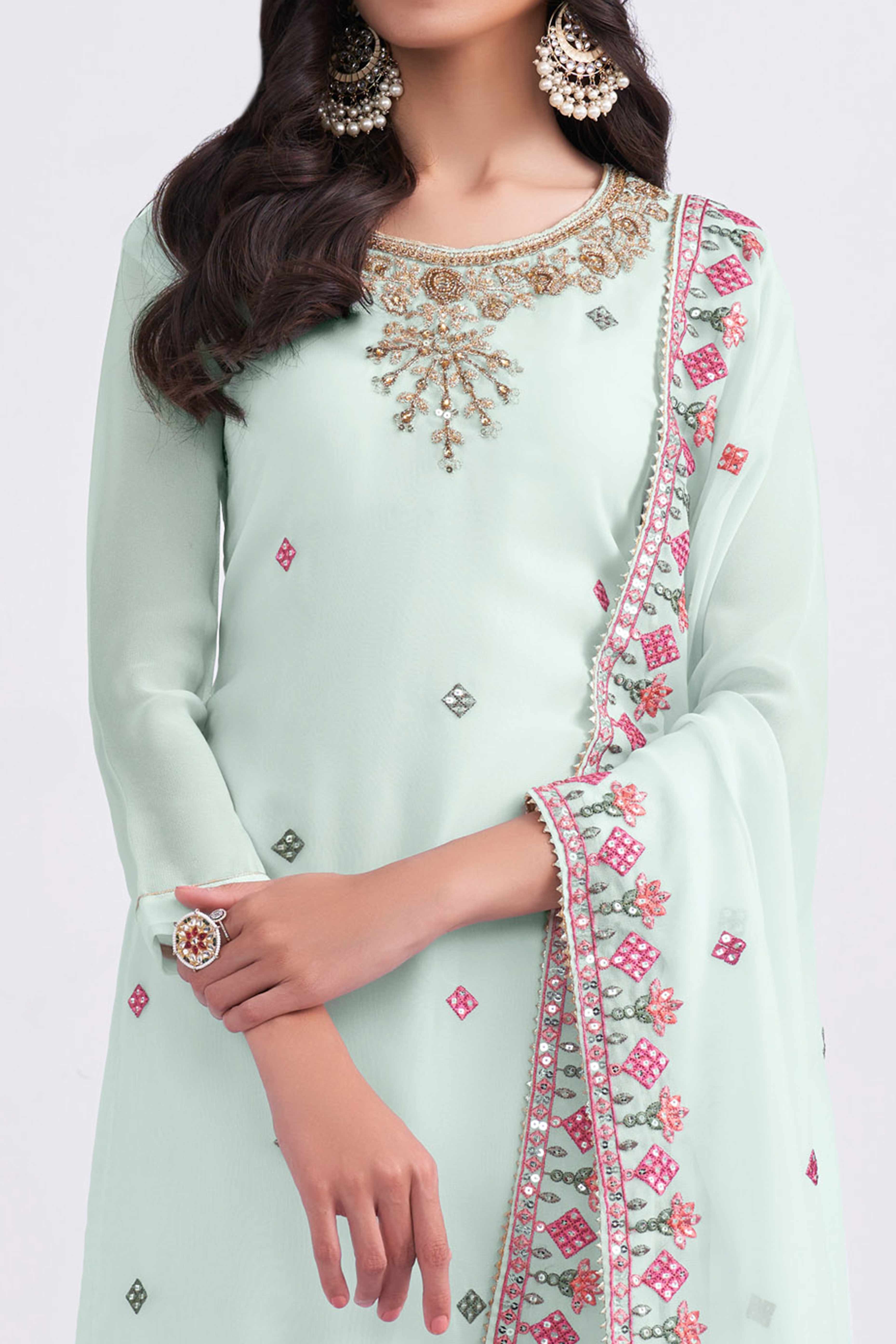 Peachmode Seller Light Blue Sequins Embroidered With Stonework Georgette Semi Stitched Suit - view 2