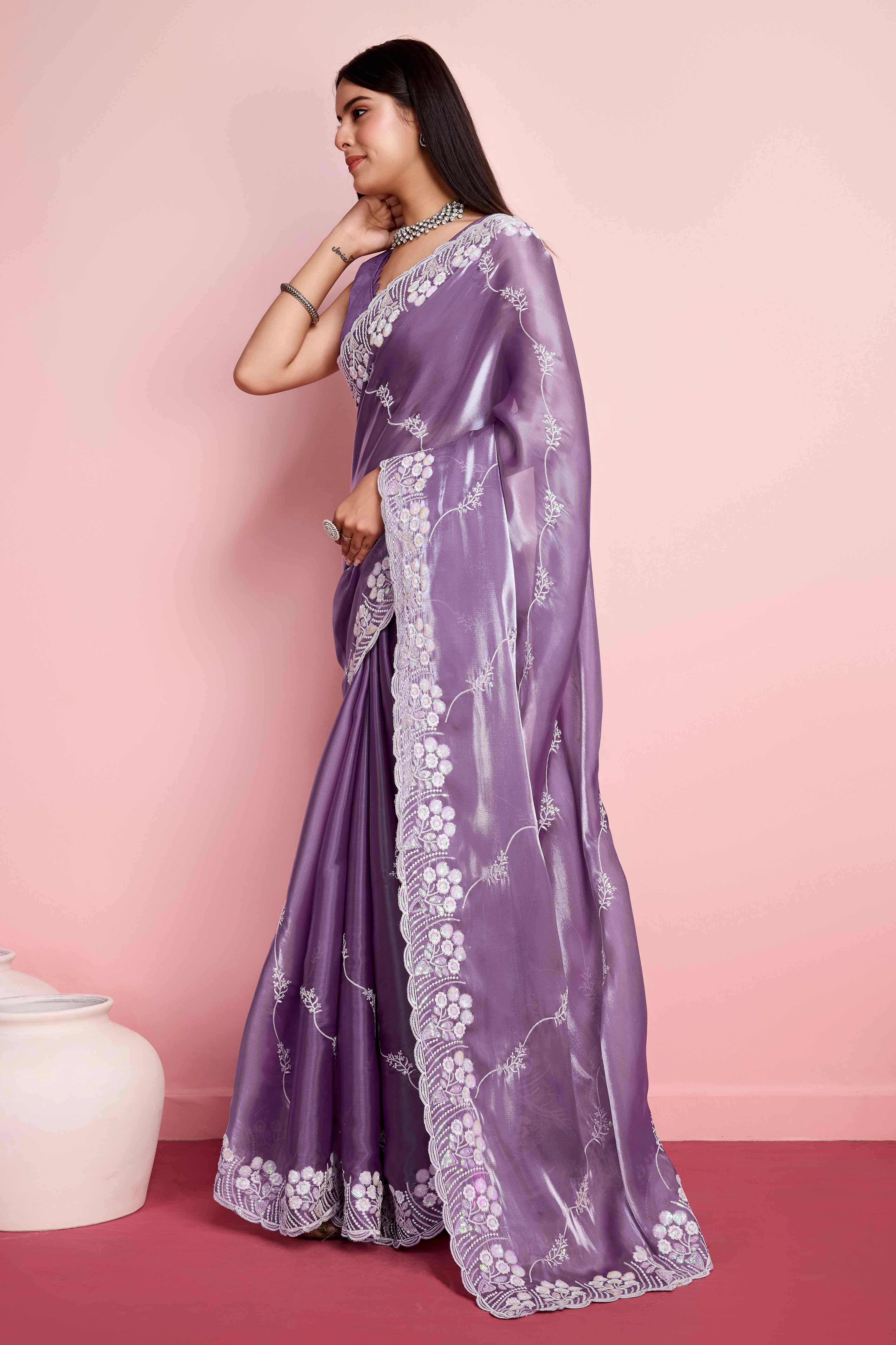 Peachmode Lavender Floral Sequins Embroidered Jimmy Choo Tissue Saree - view 3