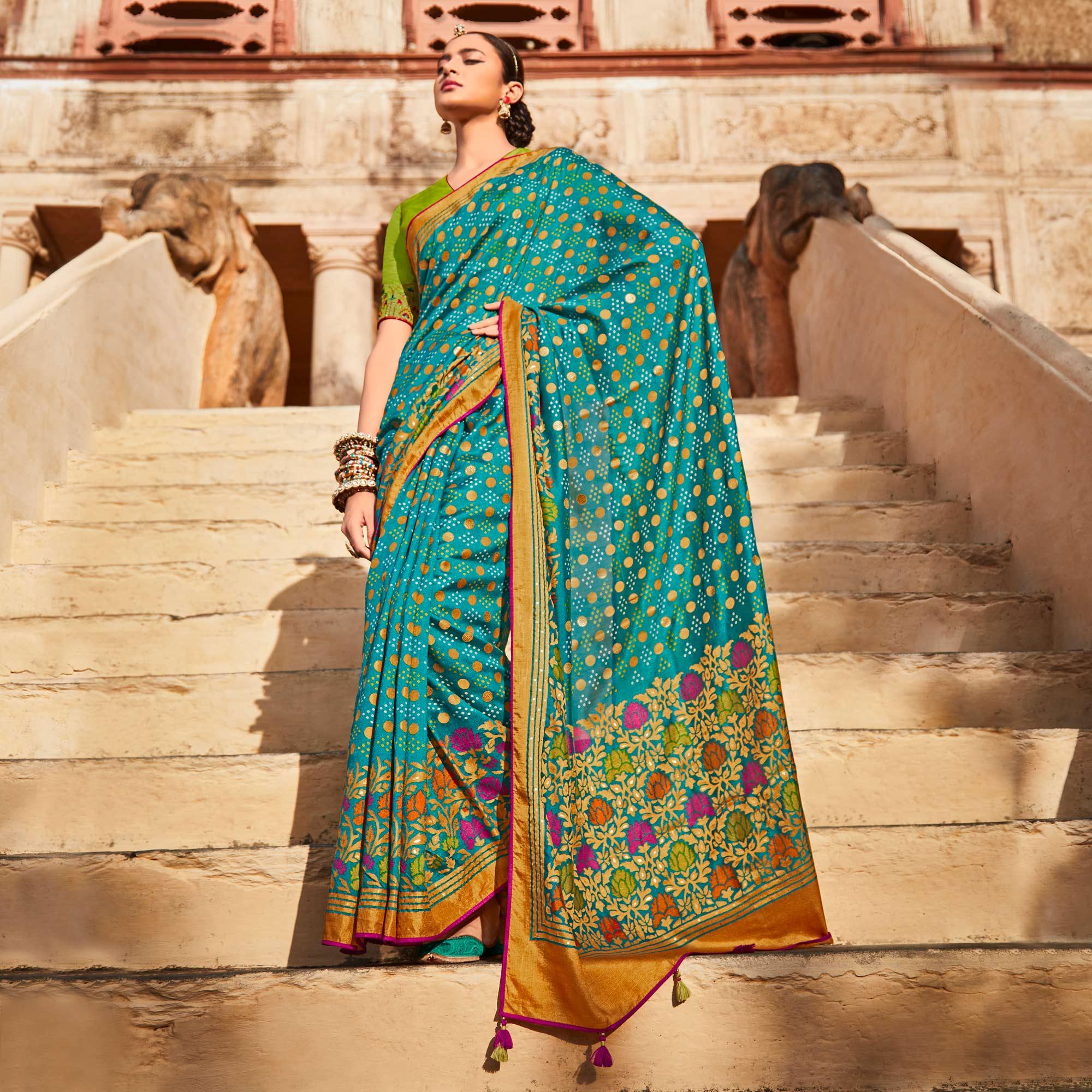 Peachmode Firozi Festive Wear Printed Silk Saree - view 3