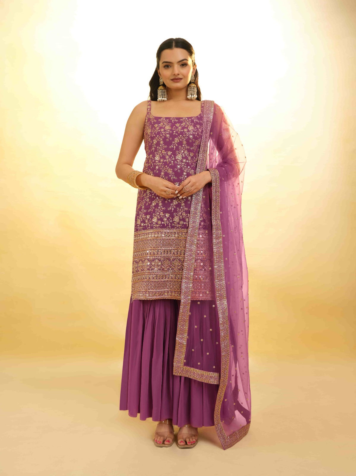 ClothsVilla Pink Georgette Suit with Embroidery and Shantoon Bottom