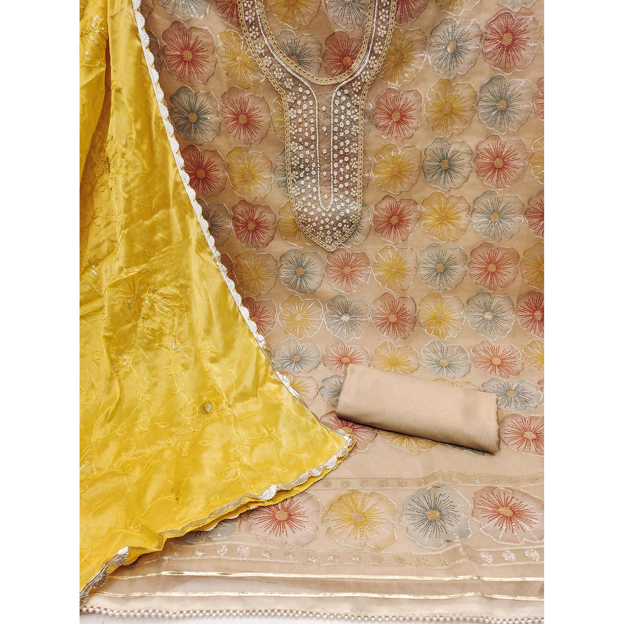 Peachmode Chikoo Floral Hand Embroidered Organza Dress Material - view 3