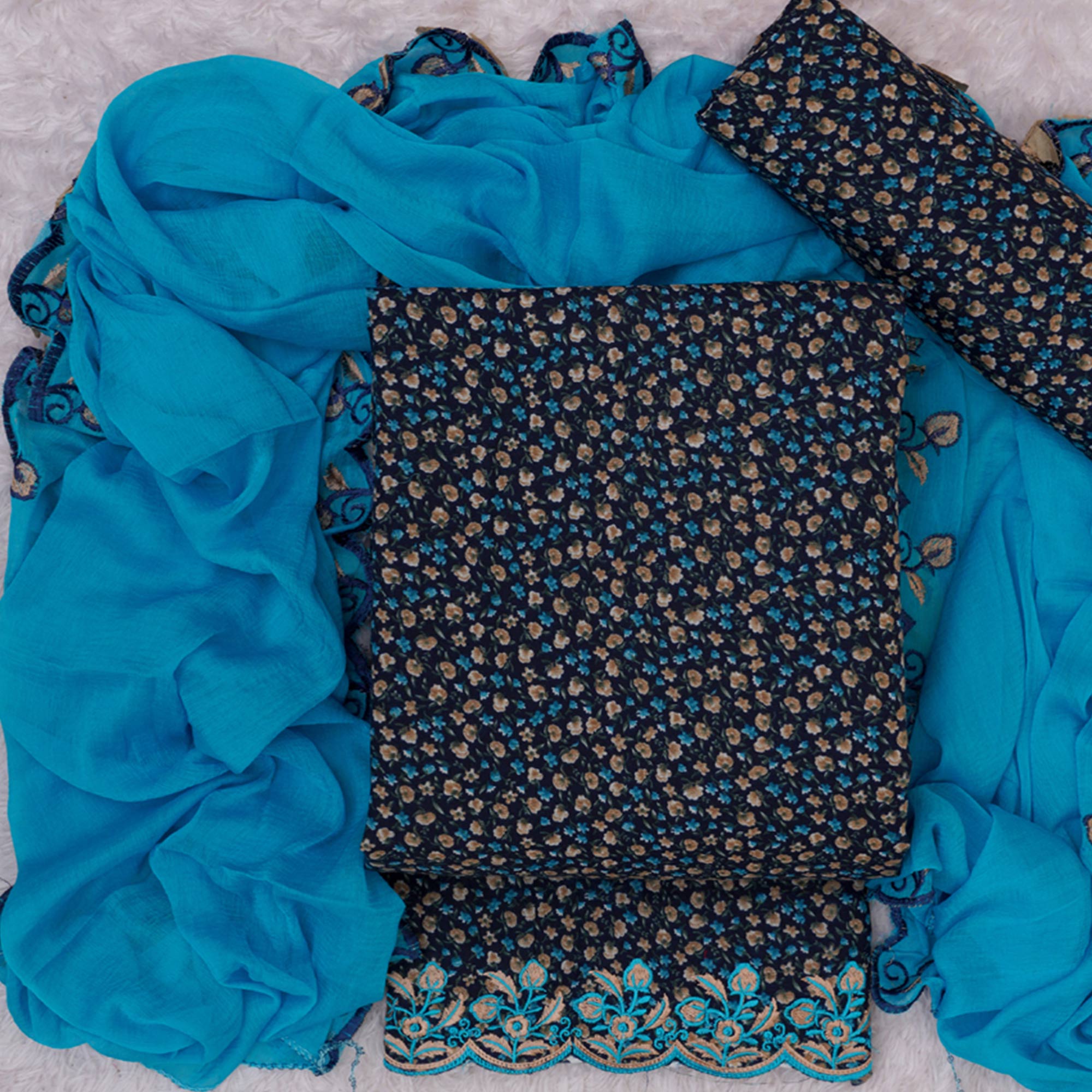 Peachmode Navy Blue Floral Printed With Embroidery Cotton Silk Dress Material