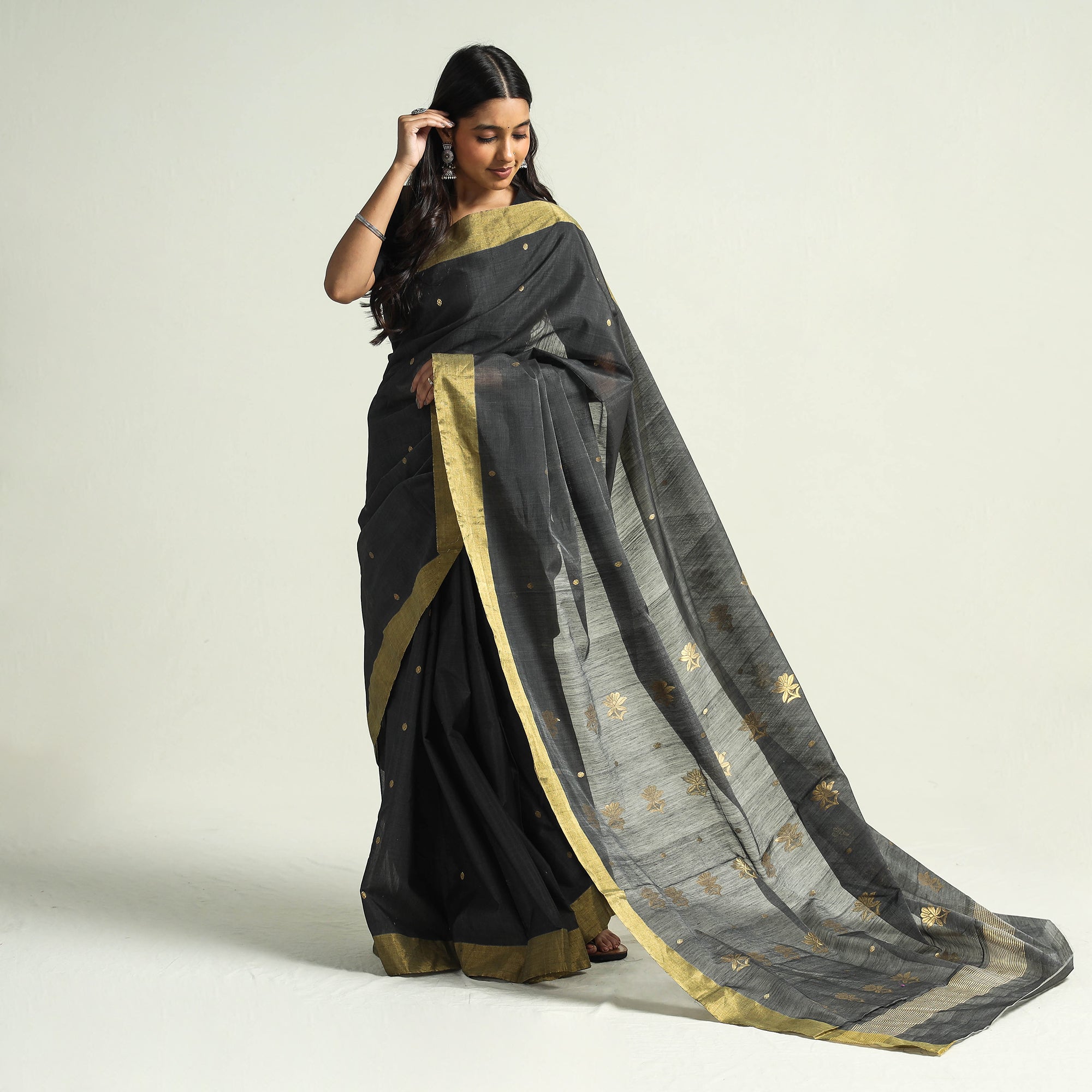 CHANDERI BY RAUPH KHAN Black - Traditional Chanderi Silk Handloom Saree with Zari Border & Buta - view 2