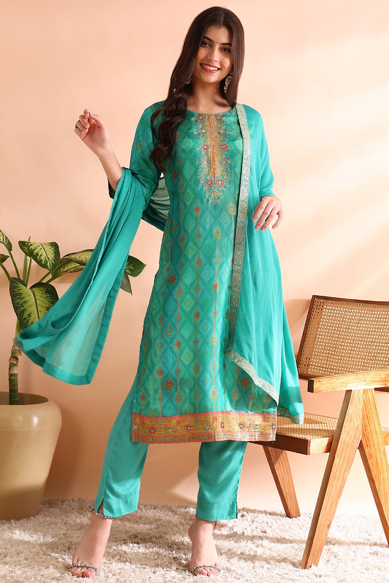 Ahika Sea Green Silk Blend Ethnic Motifs Woven Design Straight Trouser Bottom Suit Set PKSKD2581