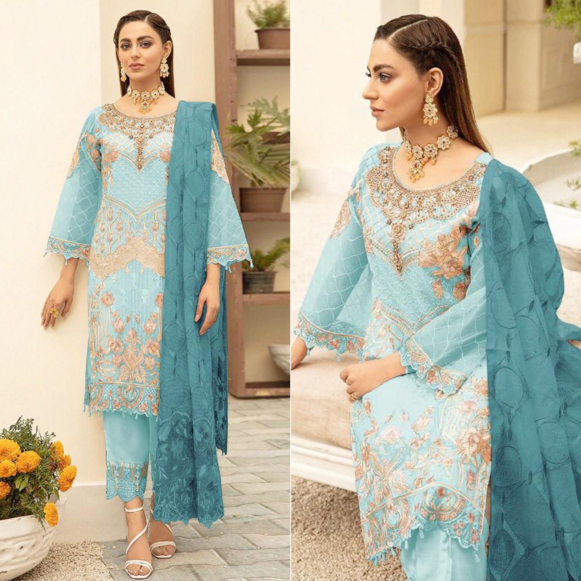 Peachmode Light Blue Embroidered With Embellished Georgette Pakistani Suit