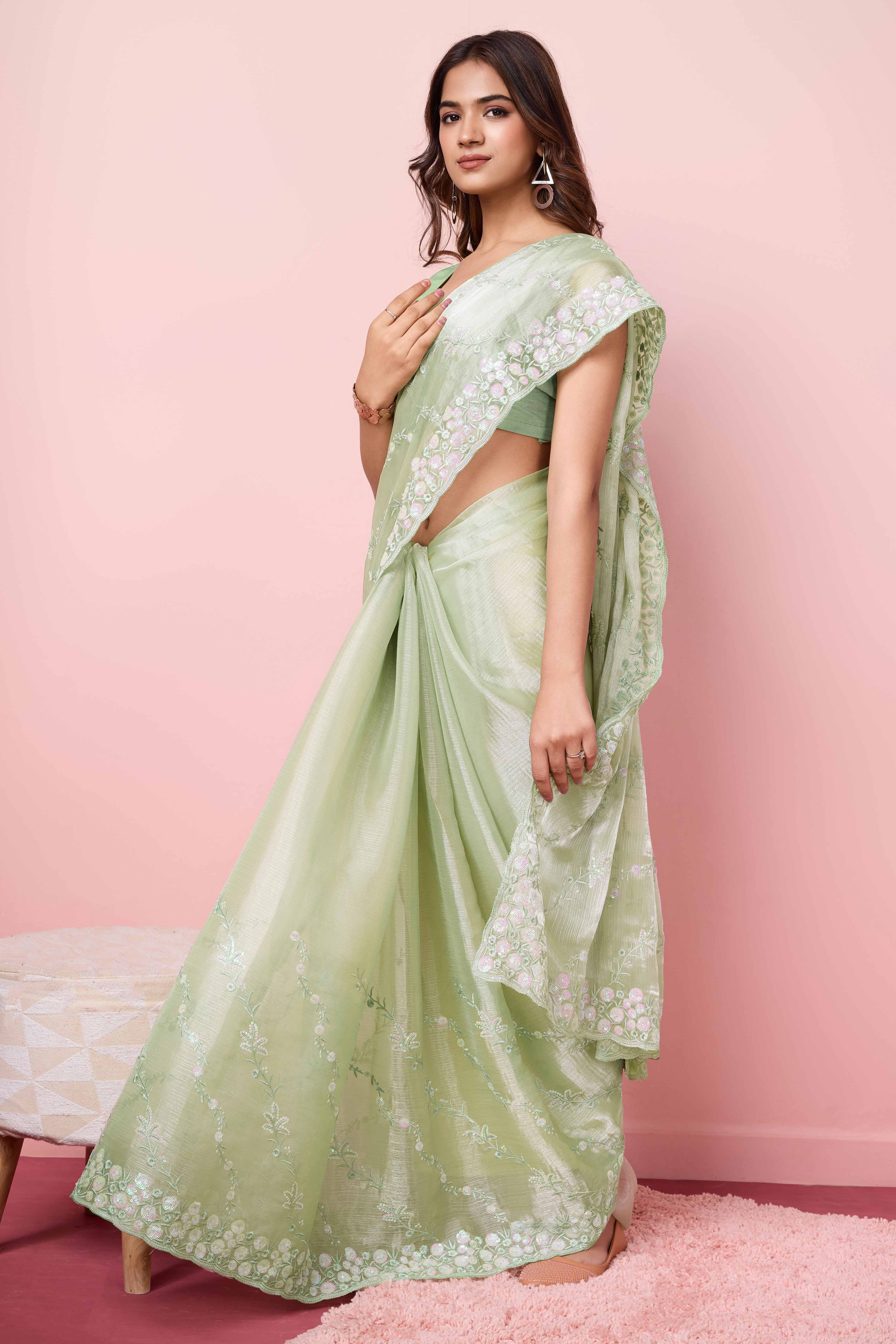 Green sarees – BlackTree green-floral-sequins-embroidered-burberry-silk-saree