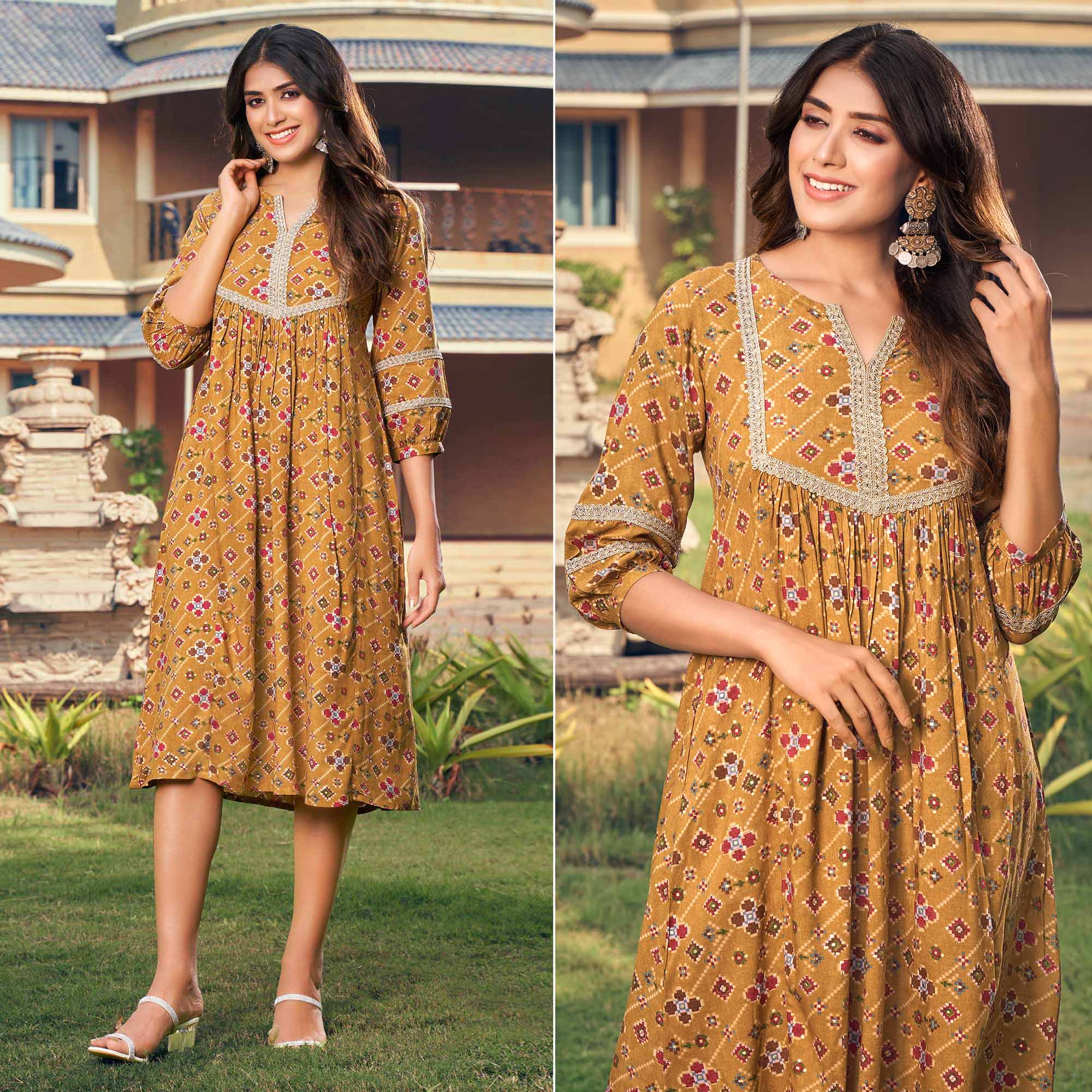 Peachmode Seller Brown Floral Printed Rayon Dress