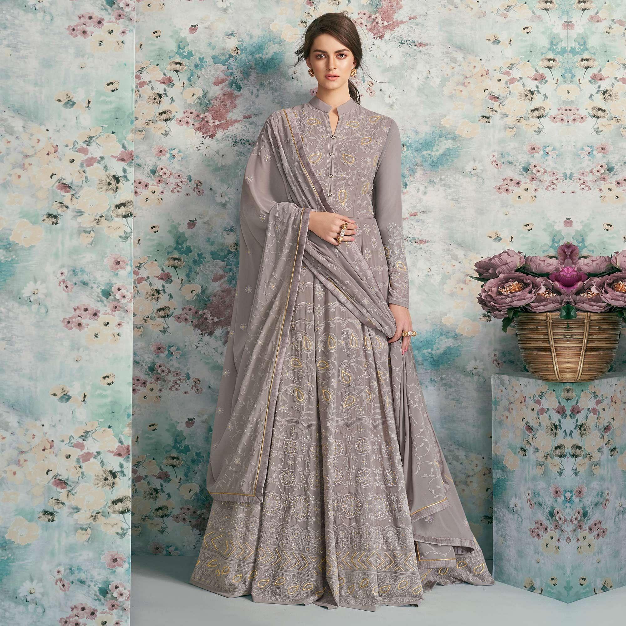 Peachmode Jazzy Grey Colored Party Wear Embroidered Heavy Faux Georgette Anarkali Suit