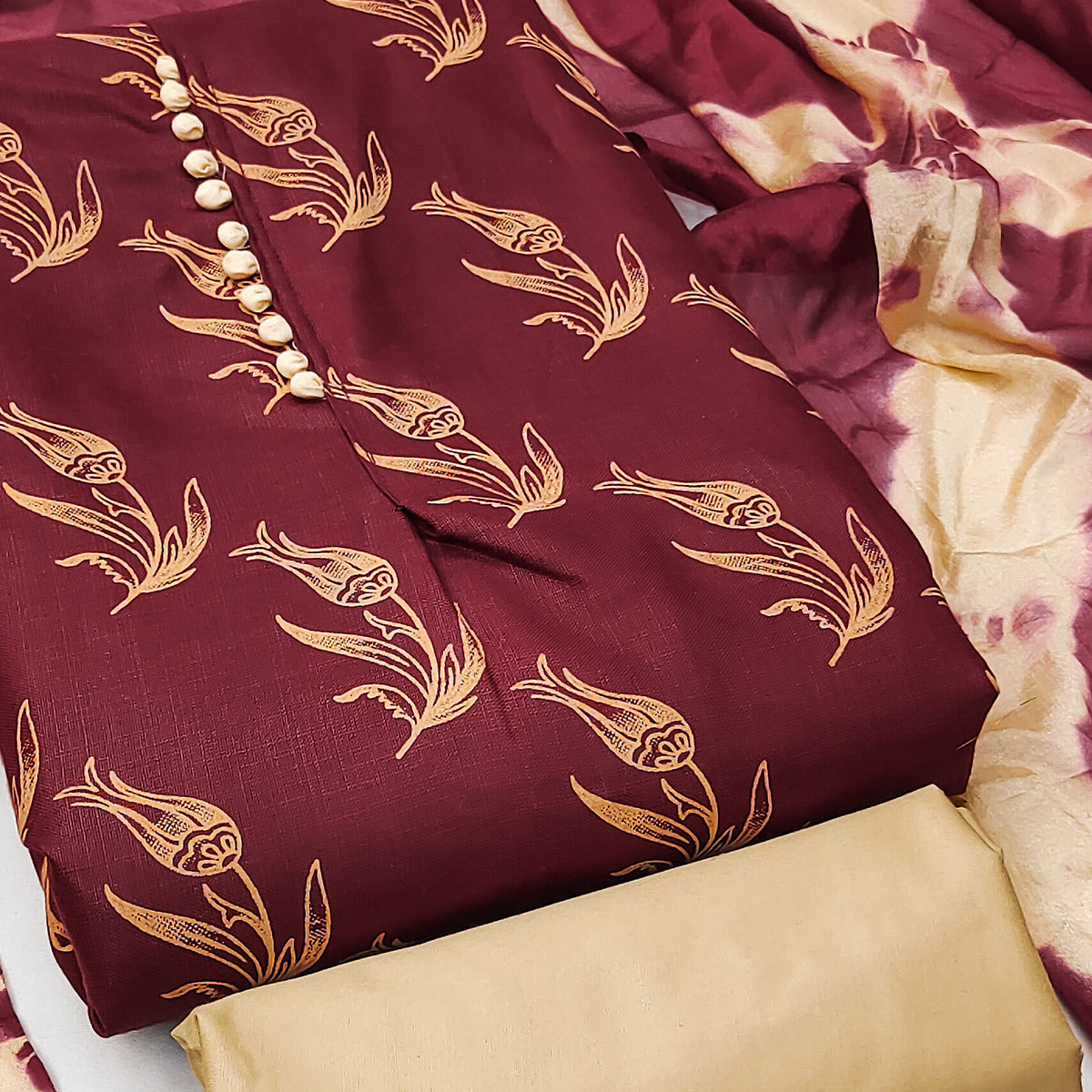 Peachmode Maroon Floral Printed Slub Cotton Dress Material - view 2