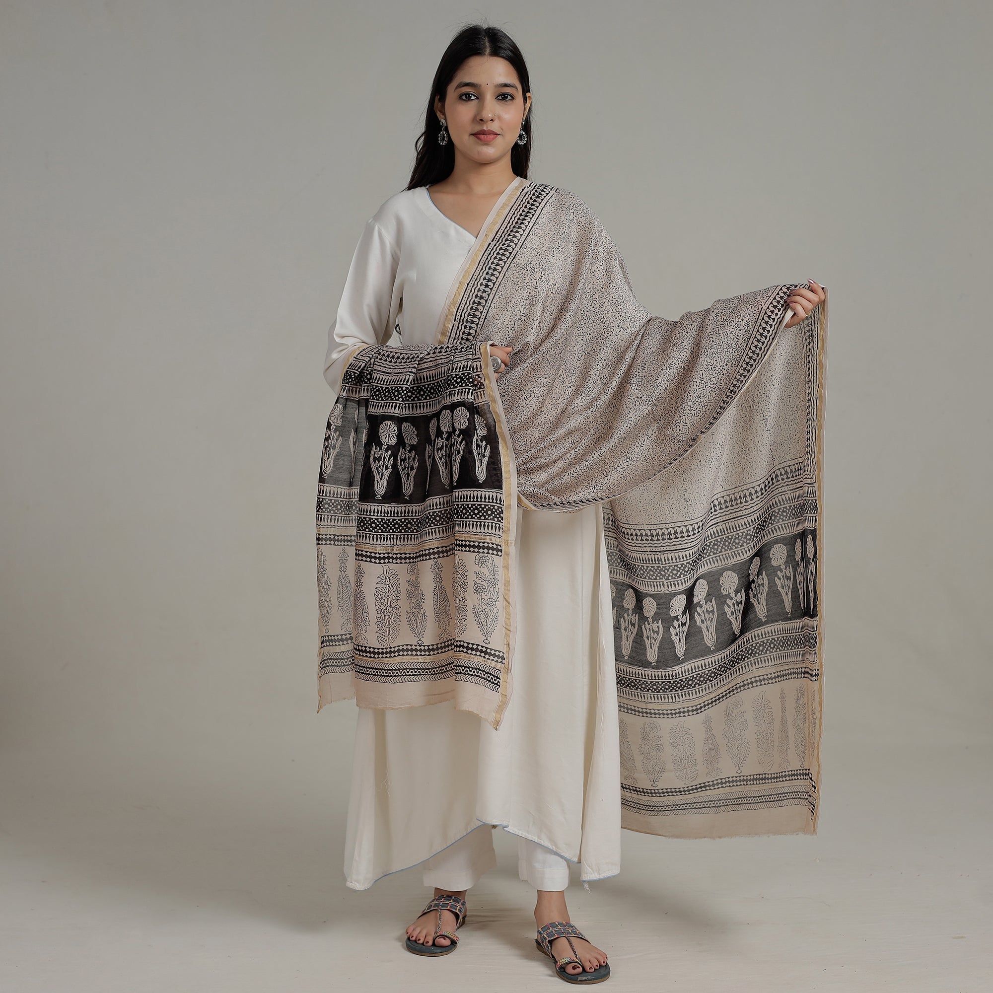 BAGH PRINTS BY MOHAMMED RAFIK KHATRI Beige - Natural Dyed Hand Block Print Chanderi Silk Bagh Dupatta 06