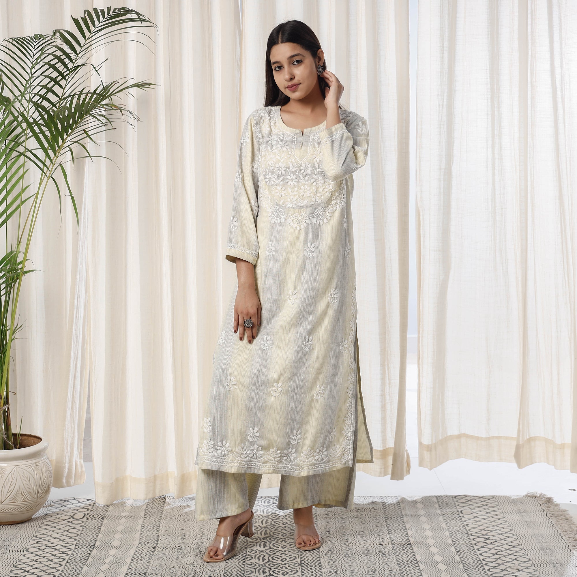 MEHARKI CHIKAN Beige Chikankari Hand Embroidery Soft Cotton Kurta with Palazzo Set - view 2
