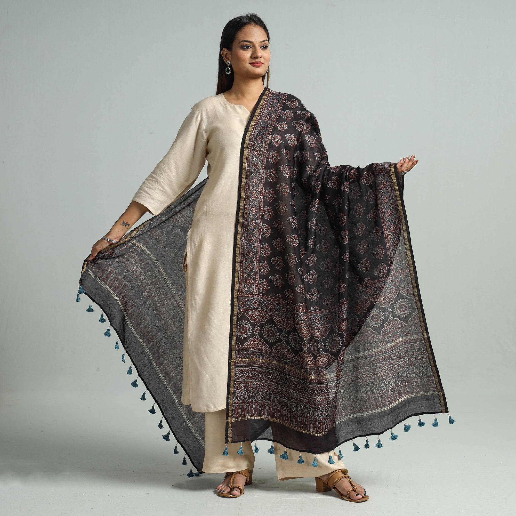 KACHCHH JI CHHAAP Black - Hand Block Print Chanderi Silk Ajrakh Dupatta 70