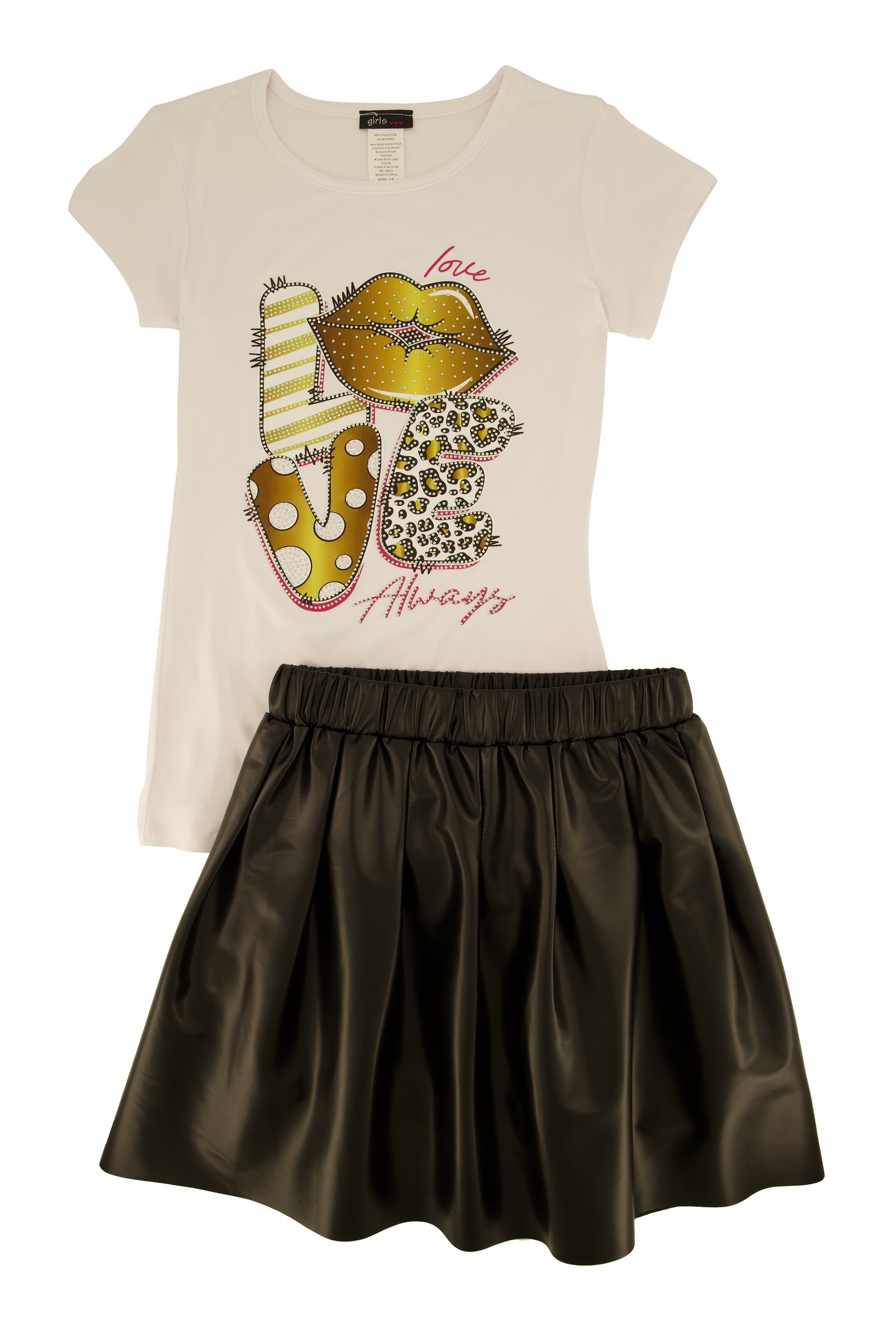 Rainbow Shops Girls Love Graphic Tee and Faux Leather Pleated Skirt