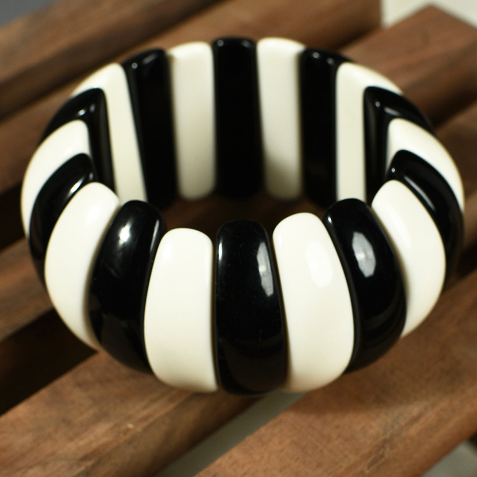 Black & White Beaded Stretchable Bracelet by Bamboo Tree Jewels - view 2