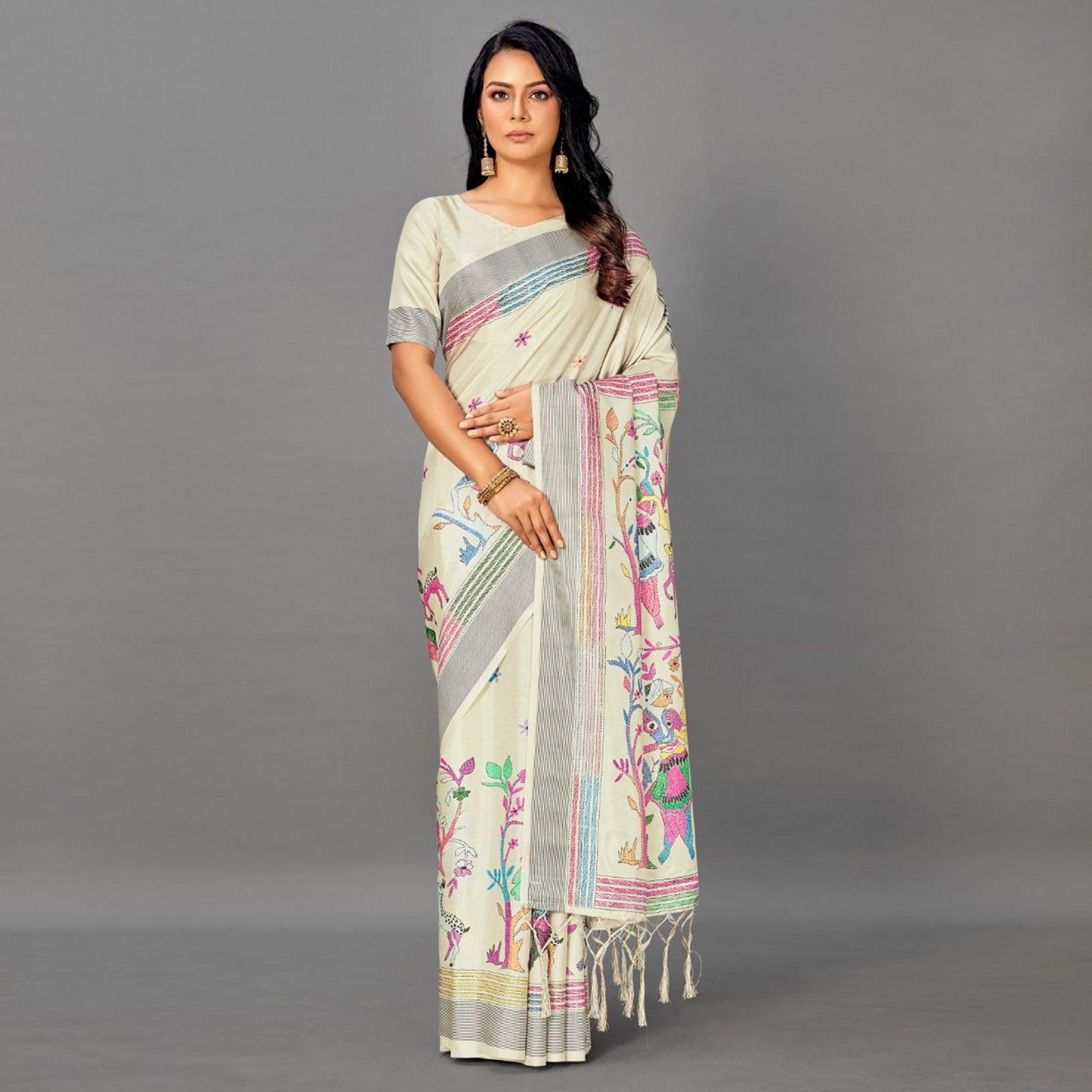 Peachmode Cream Casual Art Silk Printed Saree With Unstitched Blouse