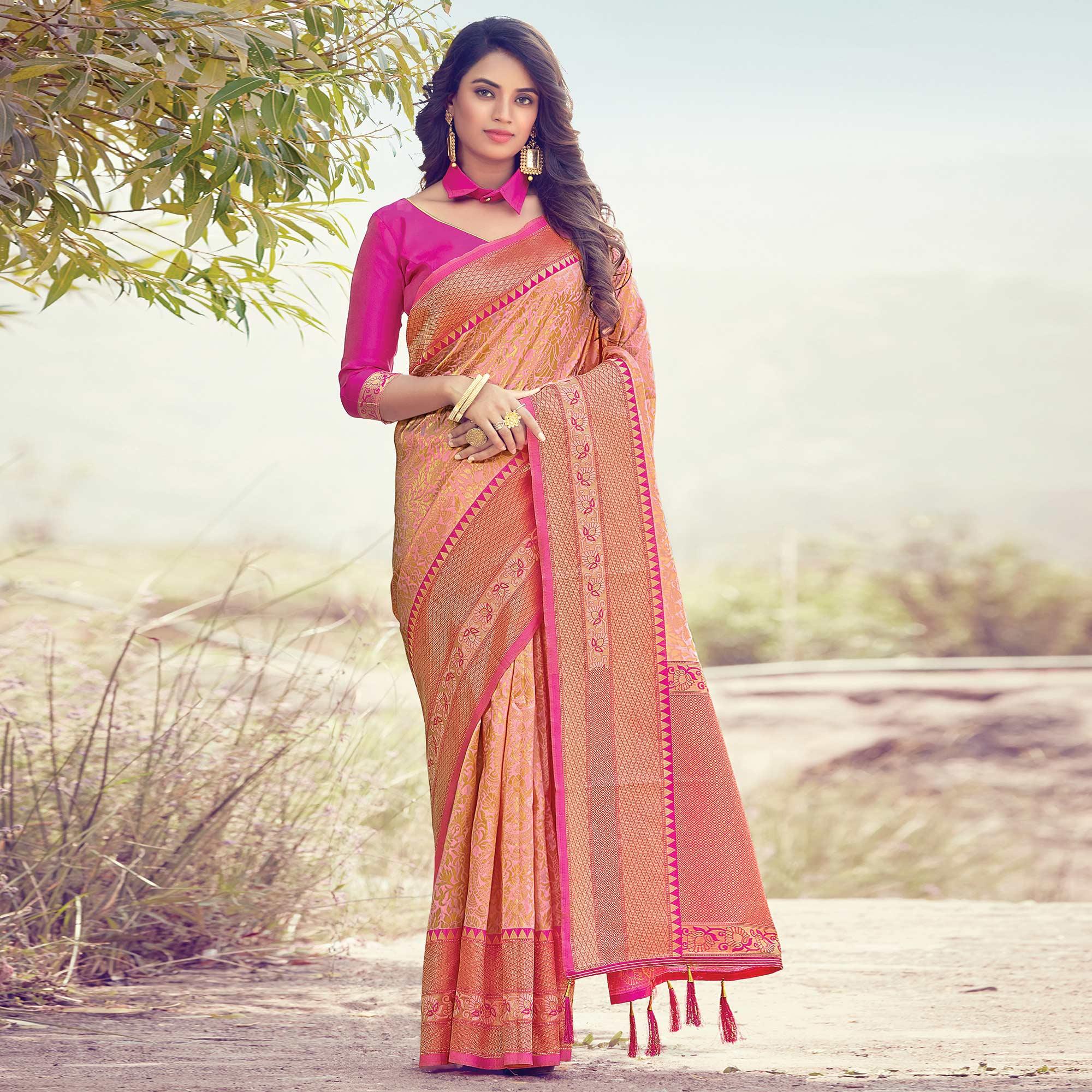 Peachmode Imposing Peach Colored Festive Wear Woven Silk Saree