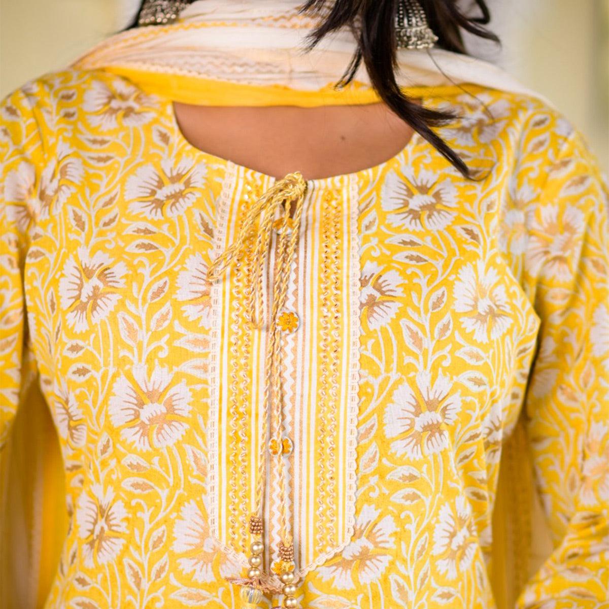 Peachmode Flamboyant Yellow Colored Casual Printed Cotton Kurti Palazzo Set With Dupatta - view 2