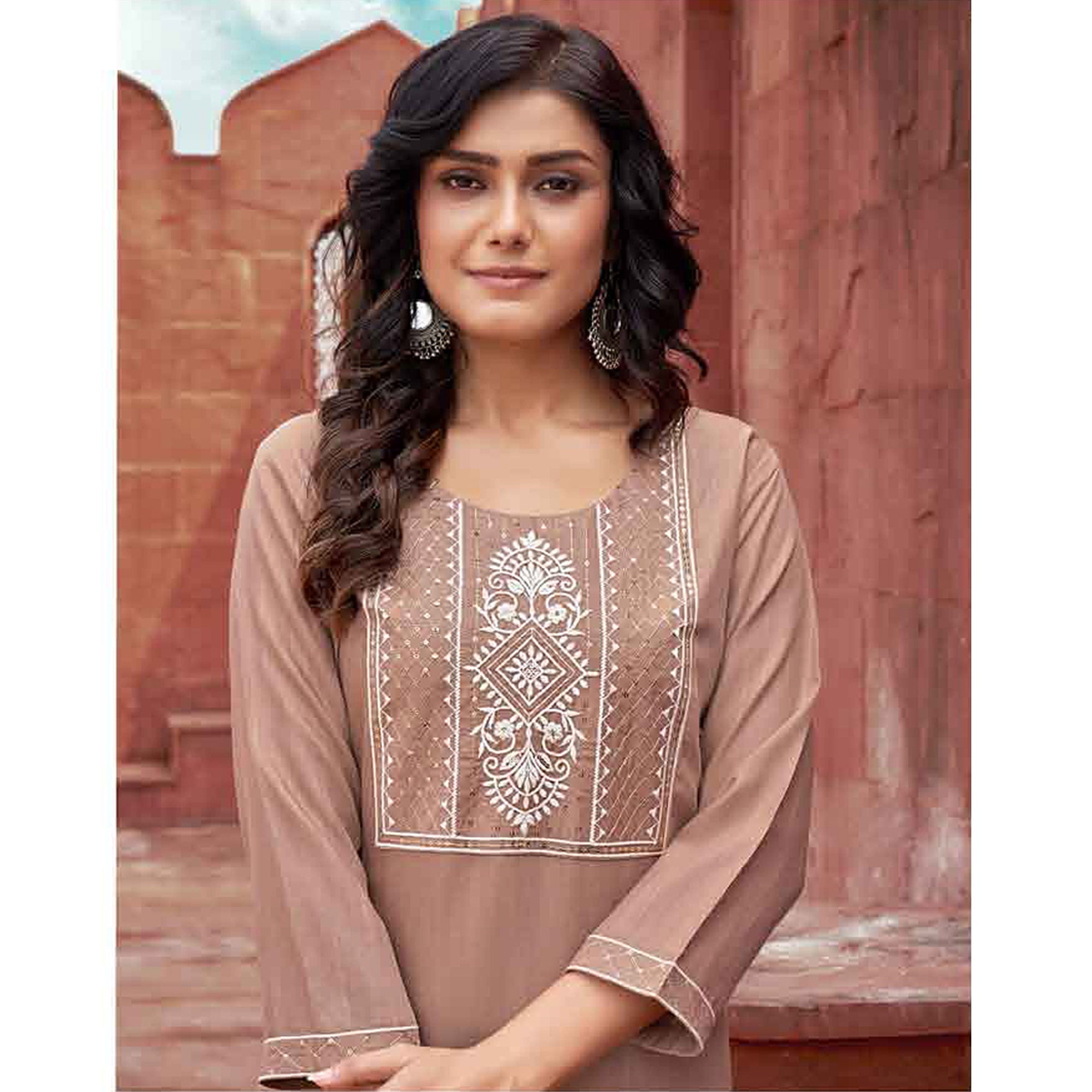 Peachmode Brown Floral Embroidered Rayon Kurti - view 4