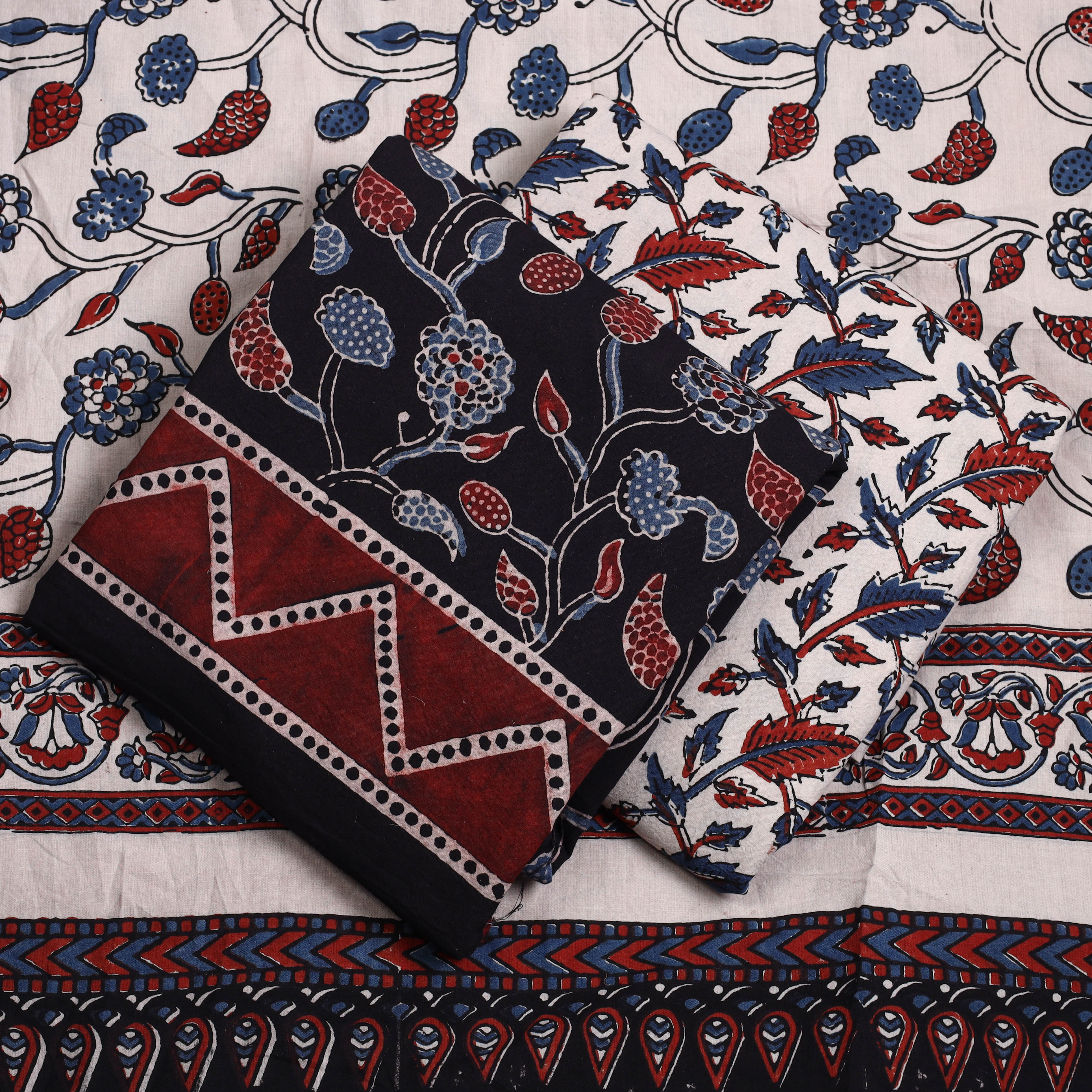 AJRAKH BY JABBAR KHATRI Black - 3pc Ajrakh Block Printed Natural Dyed Cotton Suit Material Set 12 - view 2