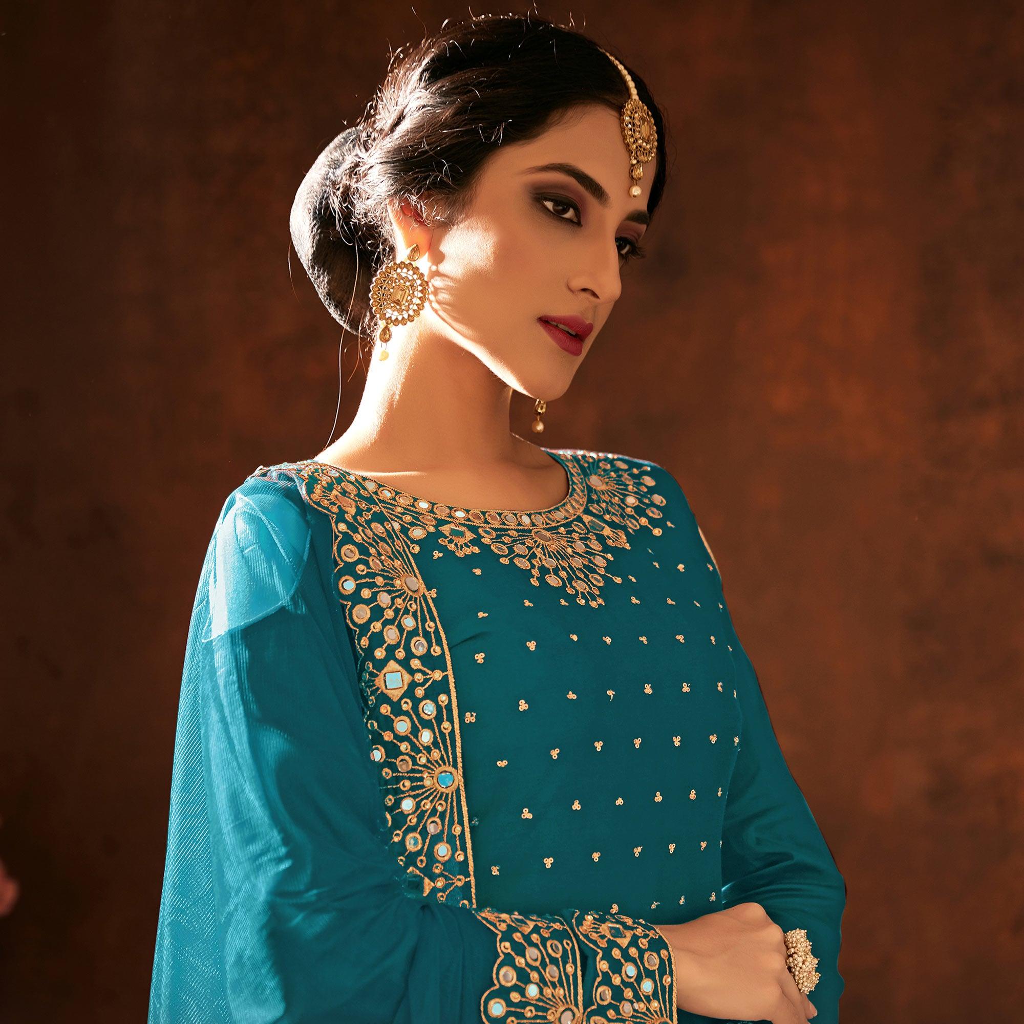 Peachmode Desirable Green Coloured Partywear Designer Embroidered Heavy Faux Georgette Patiala Suit - view 2