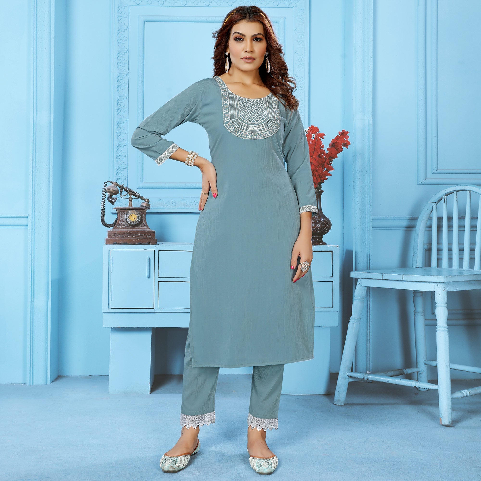 Peachmode Seller Grey Sequins Embroidered Cotton Blend Kurti Pant Set - view 2
