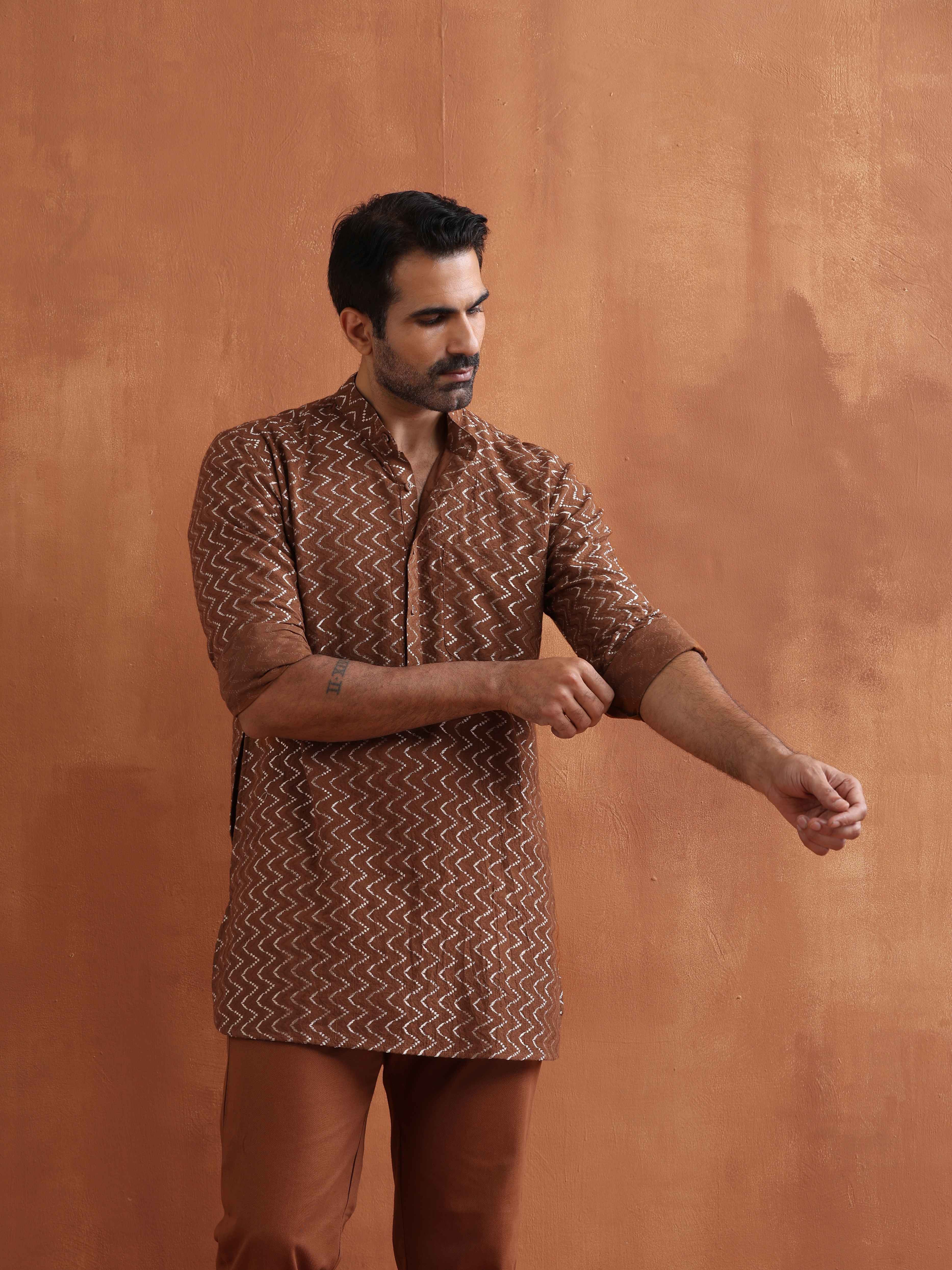 trueBrowns Men's Brown Cotton Dobby Short Kurta - view 2