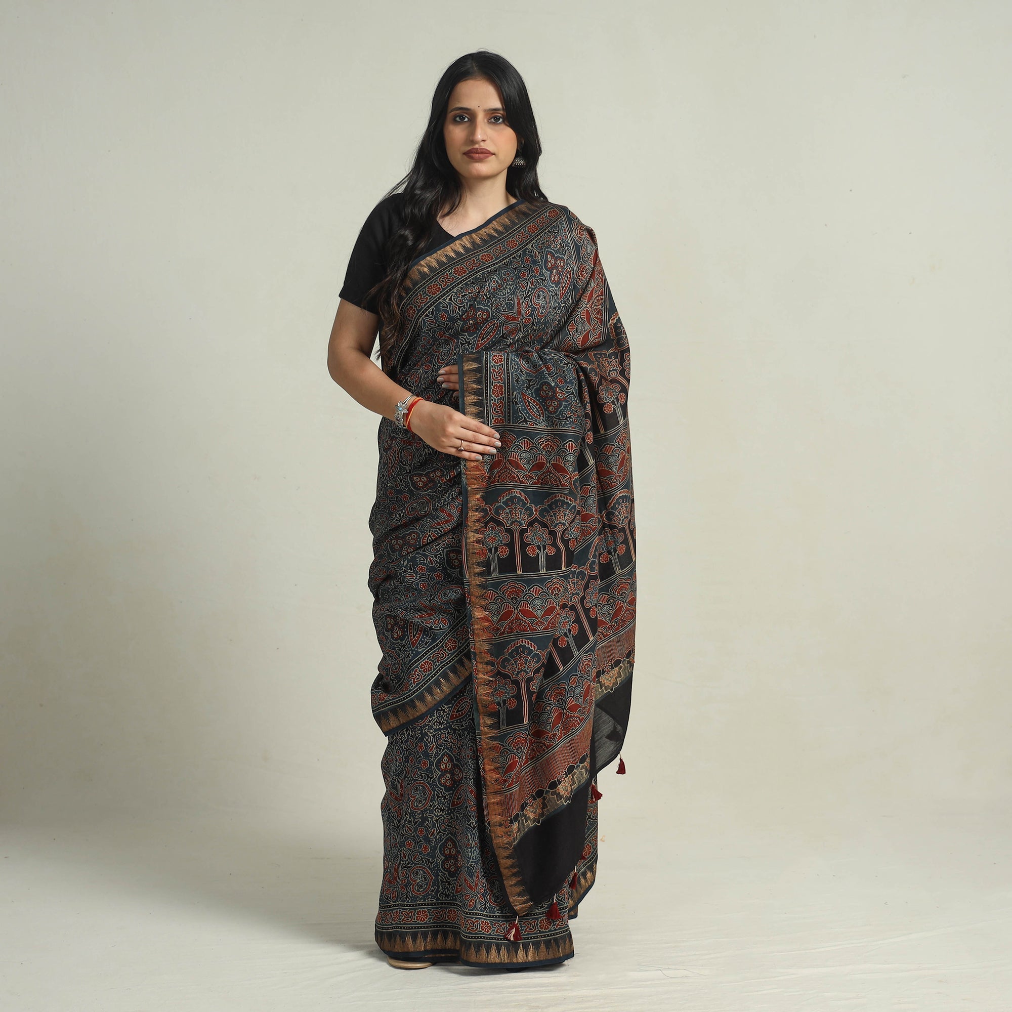 RIYAZ ABDULMAJID KHATRI - AJRAKH Blue - Block Printed Chanderi Silk Ajrakh Saree 12