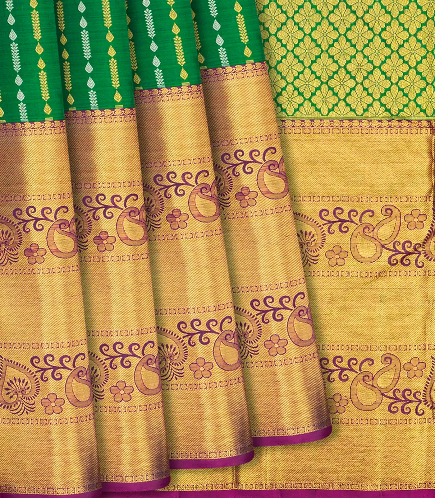 RmKV Green Handloom Kanchipuram Silk Saree With Zari Stripes-Green