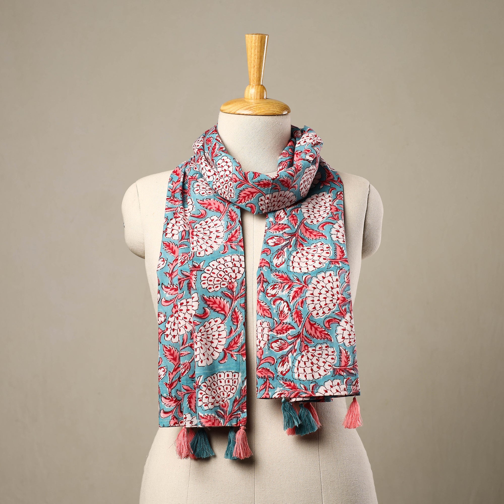 HAVELI CHRONICLES Blue - Block Print Cotton Sanganeri Stole with Tassels 83