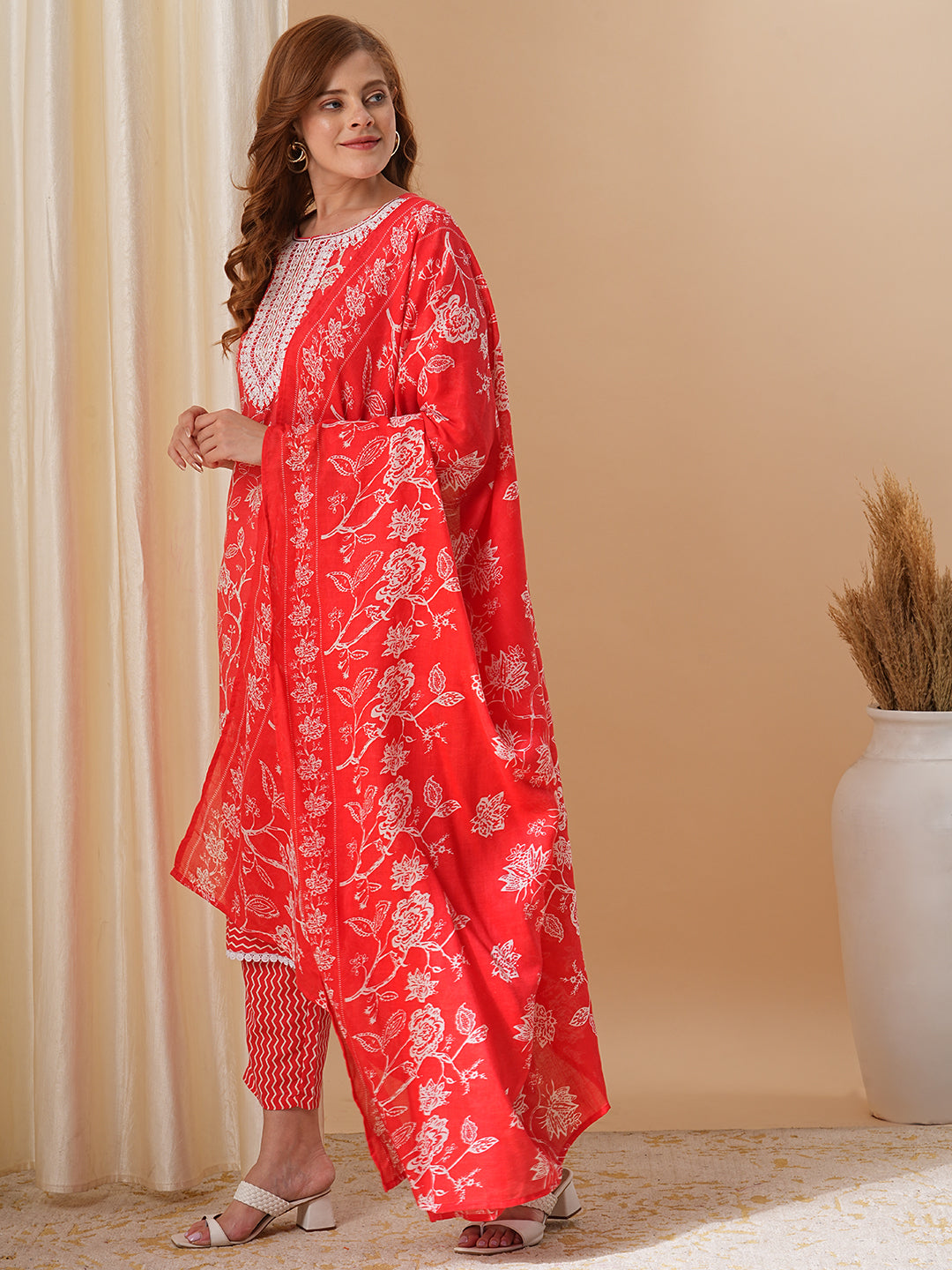 Fashor Floral Printed & Embroidered Straight Kurta with Pant & Dupatta - Red - view 5