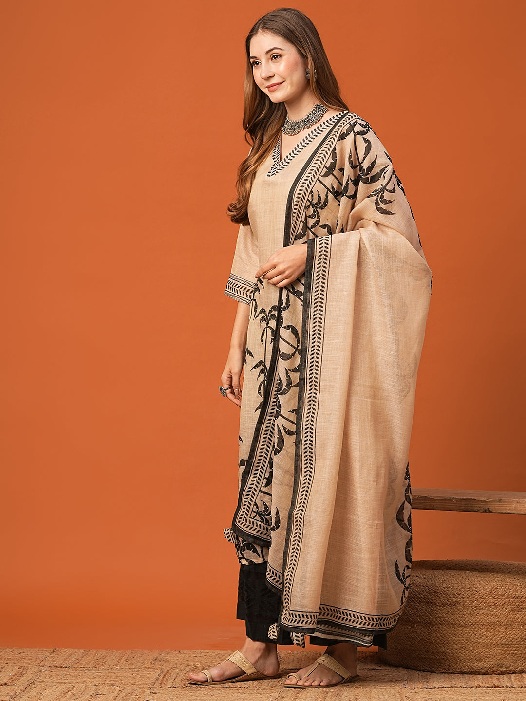 Fashor Ethnic Floral Printed & Embroidered Straight Kurta with Dupatta - Beige - view 4